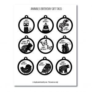 Animals birthday gift tags free printables black and white