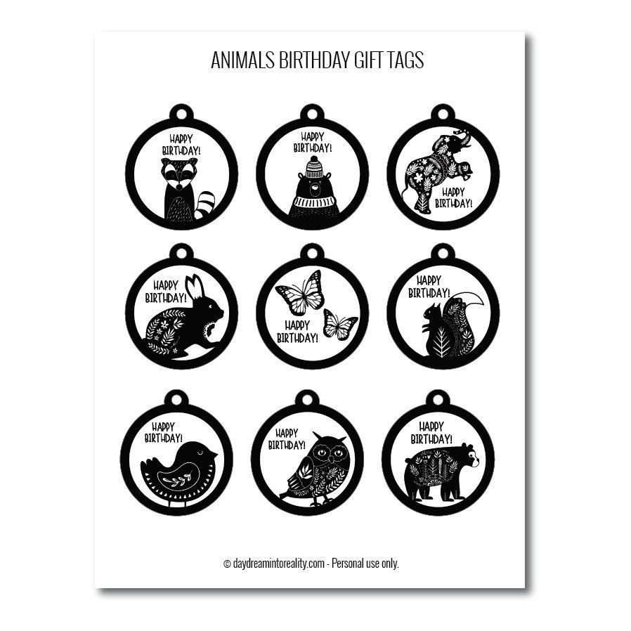 Animals birthday gift tags free printables black and white