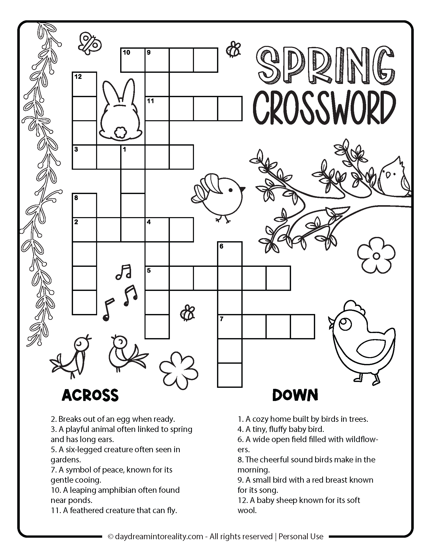 Spring Crosswords Free PDF Printable - Option 3 - Level Easy - 12 words
