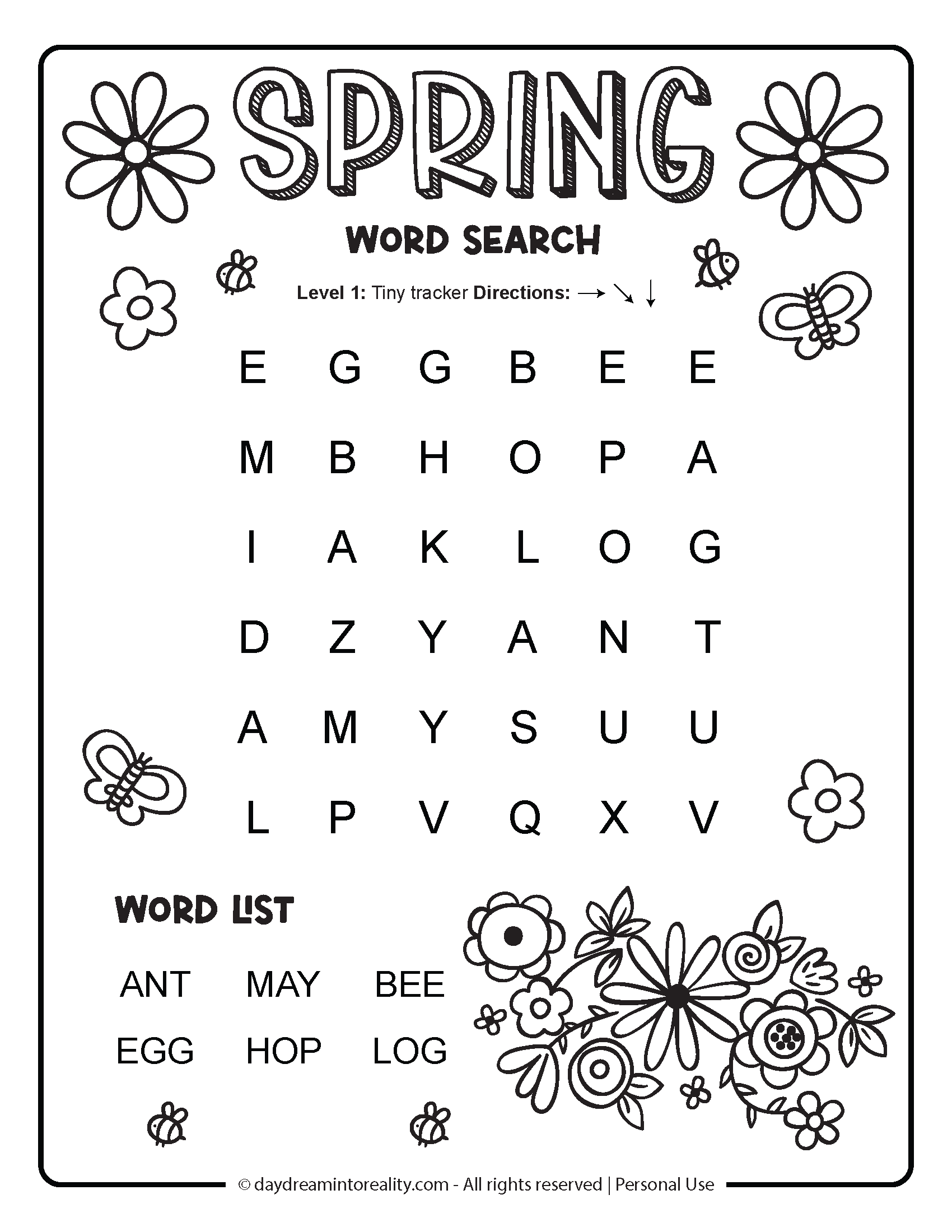Spring Word Search Level 1 Option 1 (Very easy, early readers, cvc words)