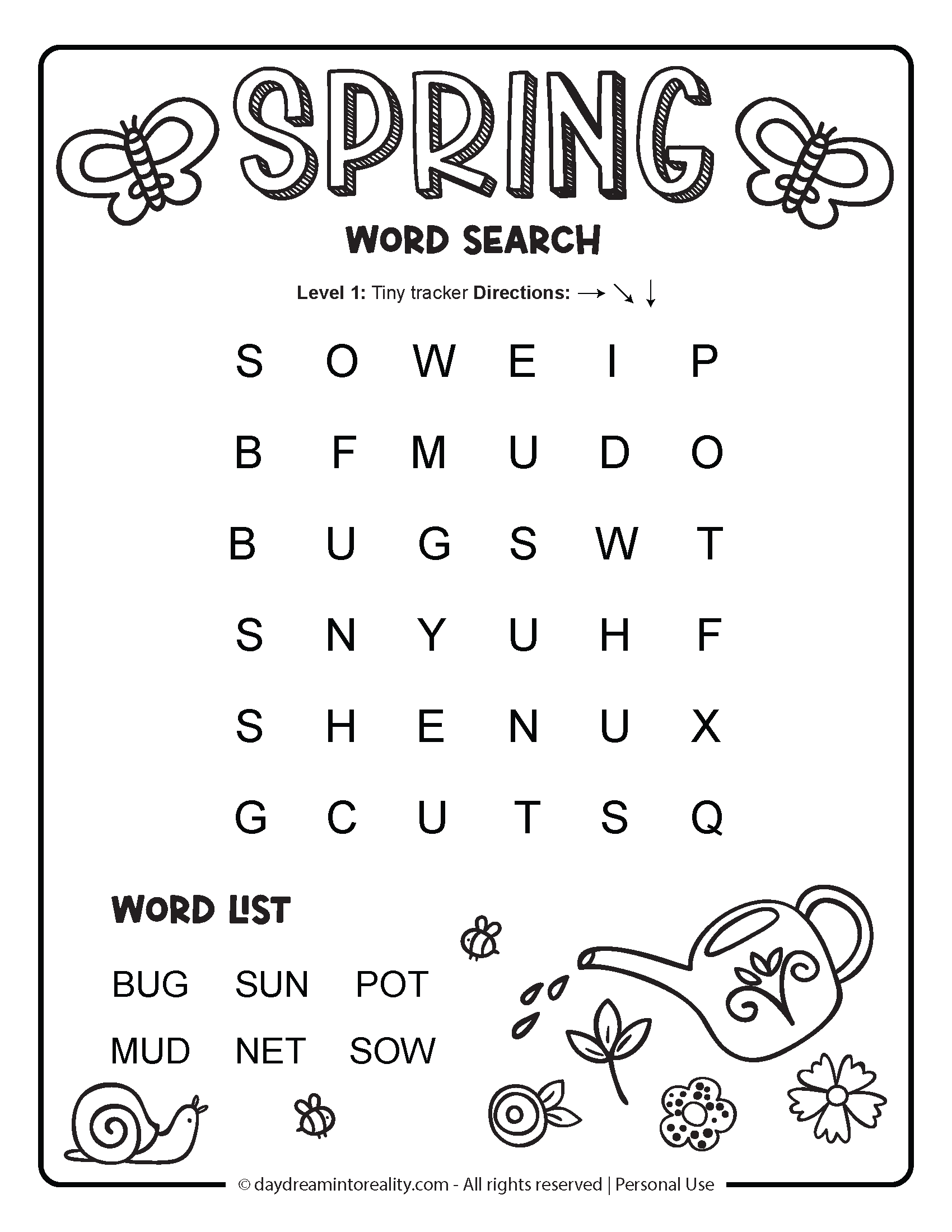 Spring Word Search Level 1 Option 2 (Very easy, early readers, cvc words)