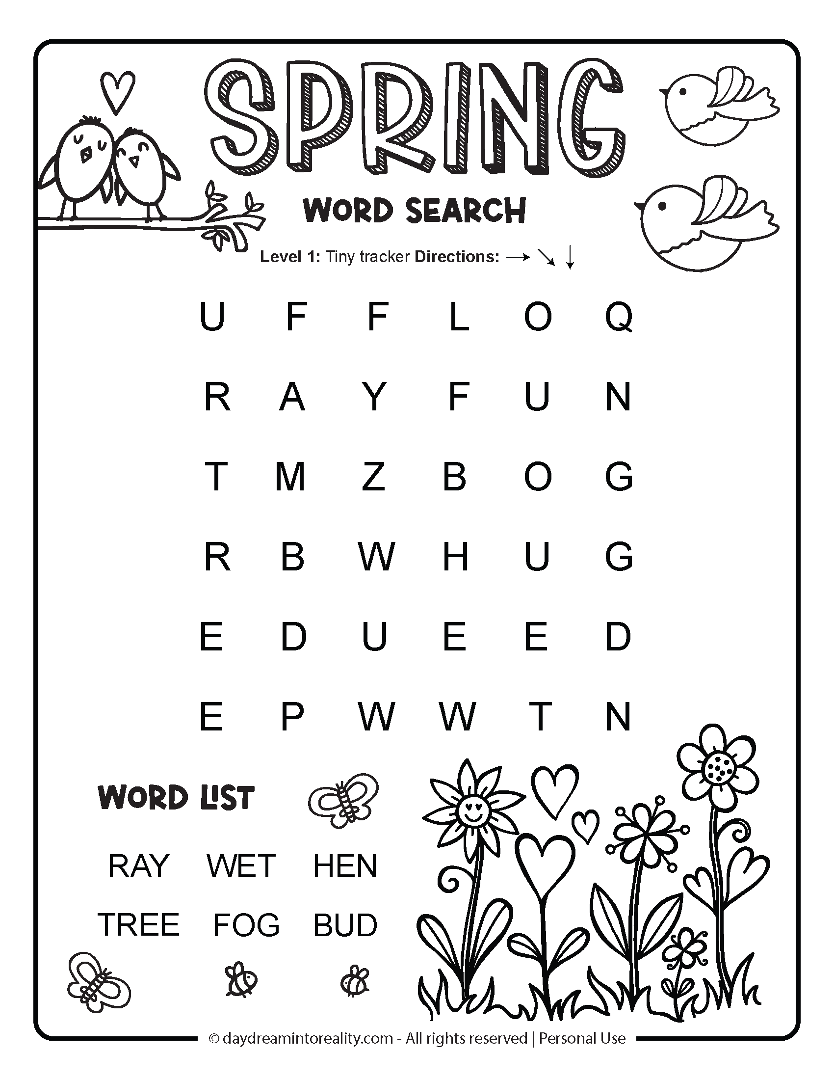 Spring Word Search Level 1 Option 3 (Very easy, early readers, cvc words)