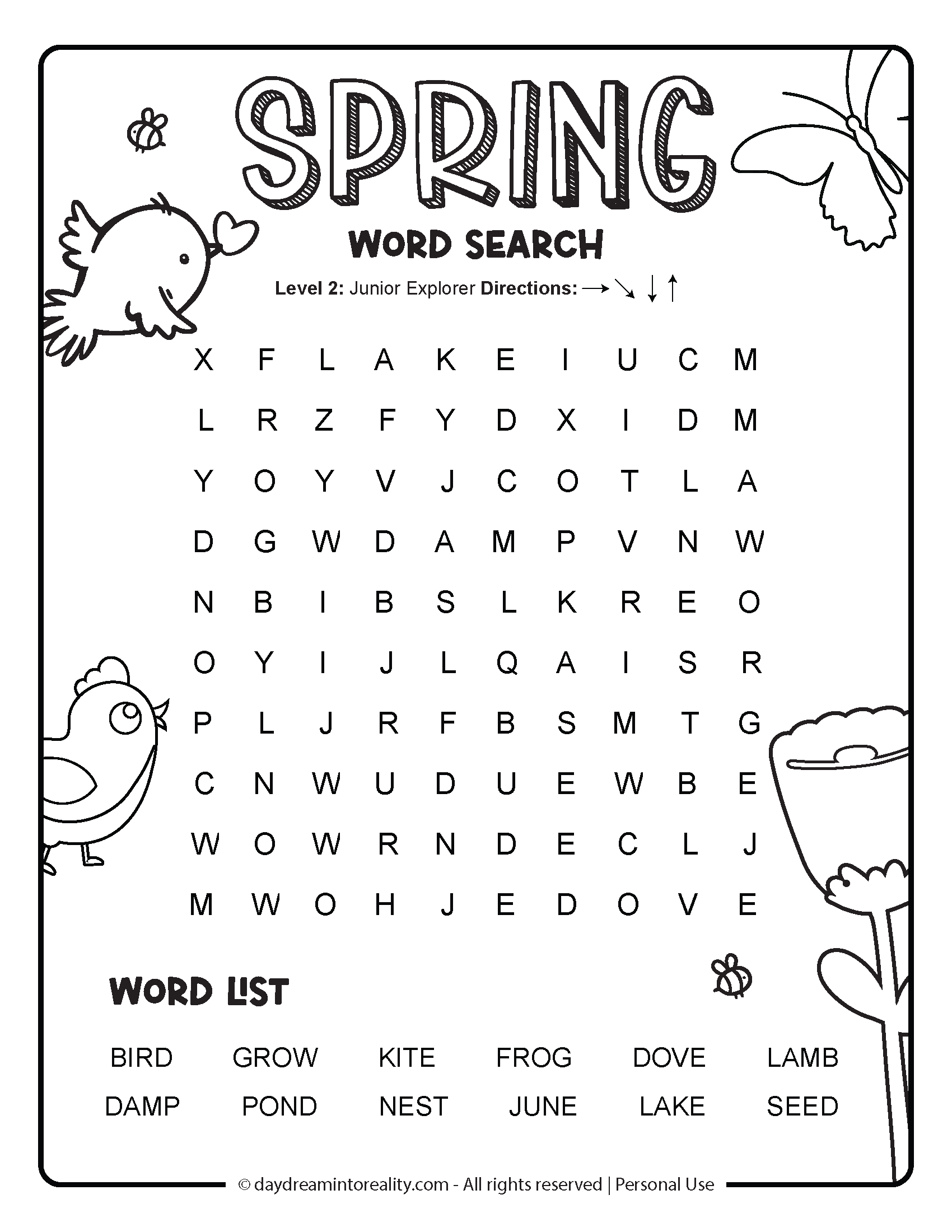 Spring Word Search Level 4 (Easy) Option 1
