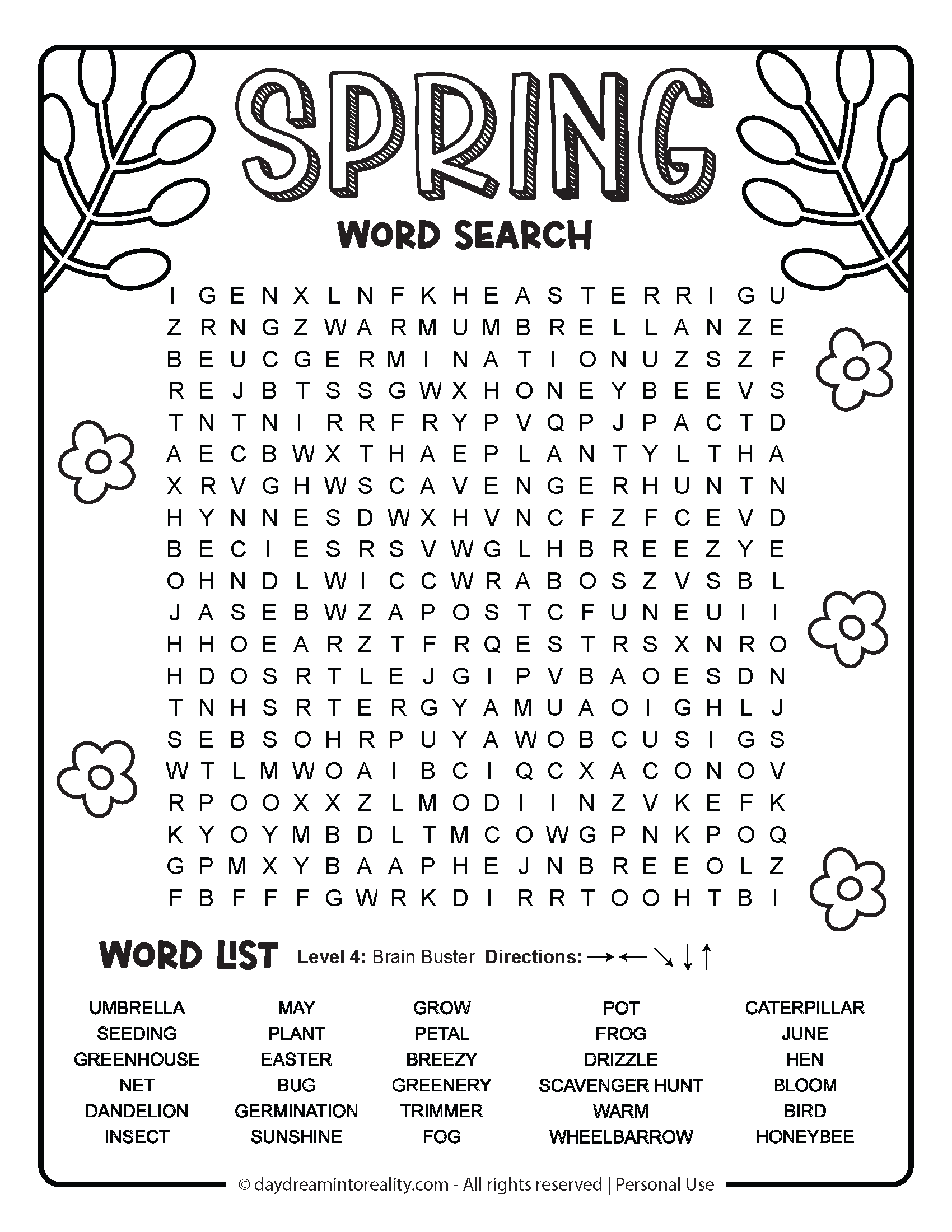 Spring Word Search Level 4 (Medium Hard) Option 1
