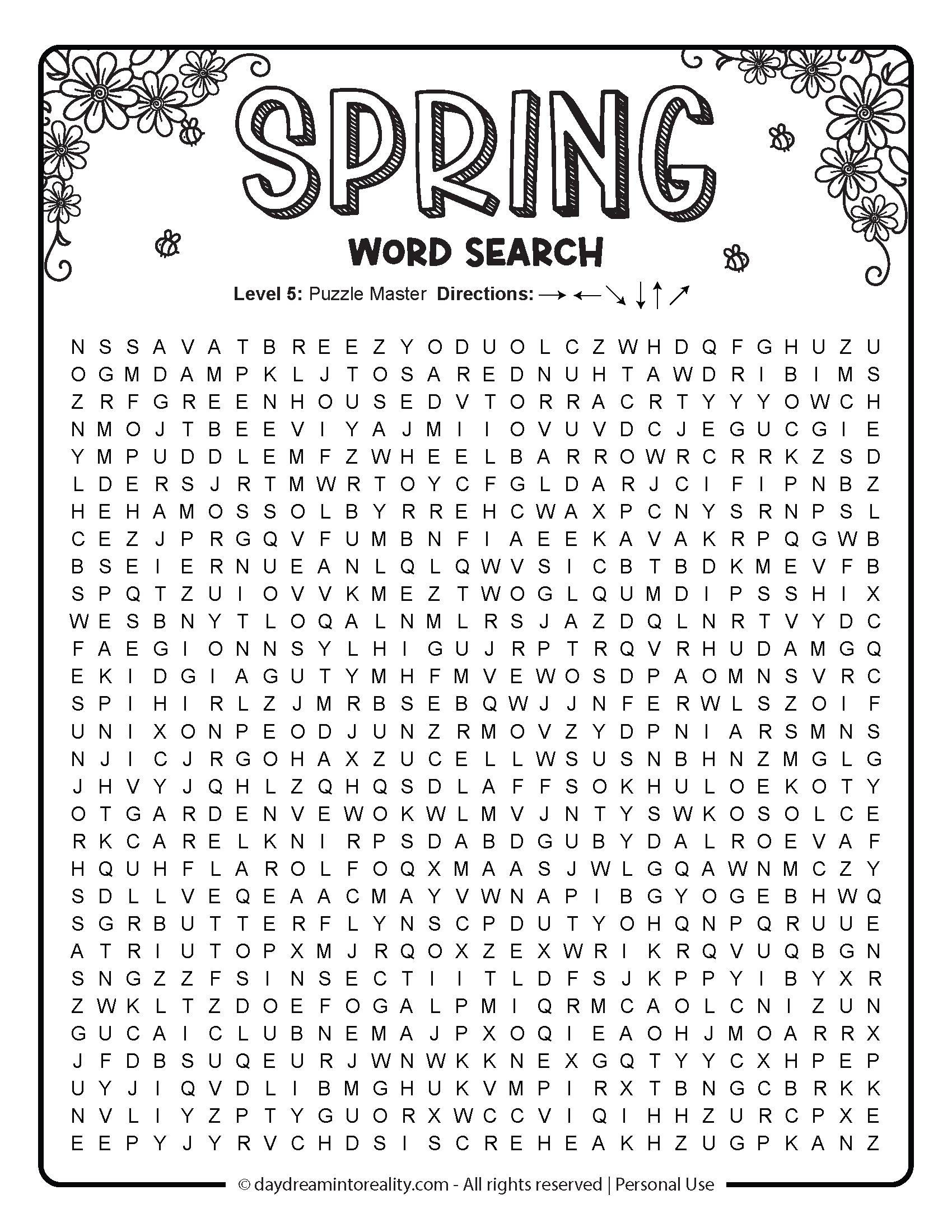 Spring Word Search Level 5 (Hard) - Word Search Only (option 1)