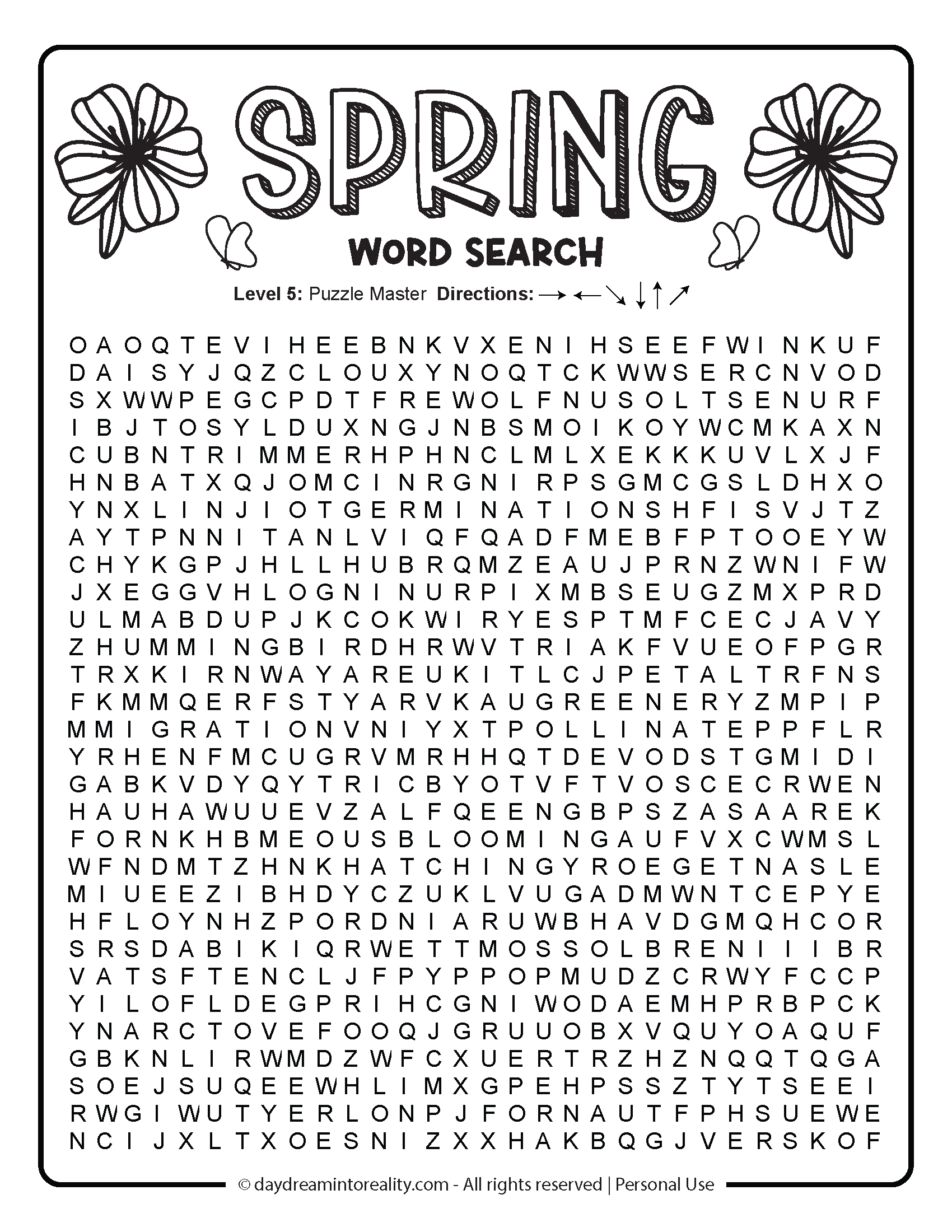 Spring Word Search Level 5 (Hard) - Word Search Only (option 2)