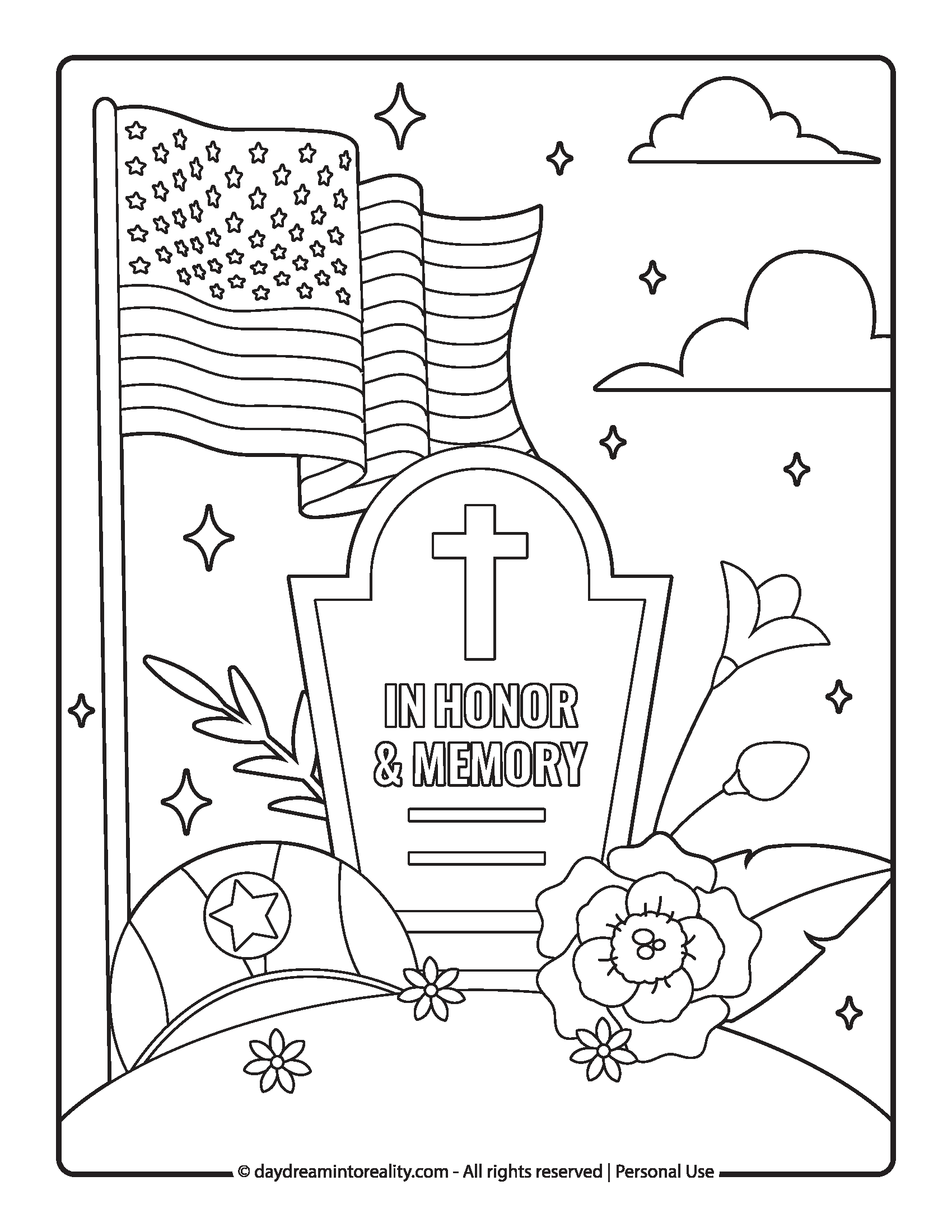 American flag and gravestone with flowers, Memorial Day coloring page