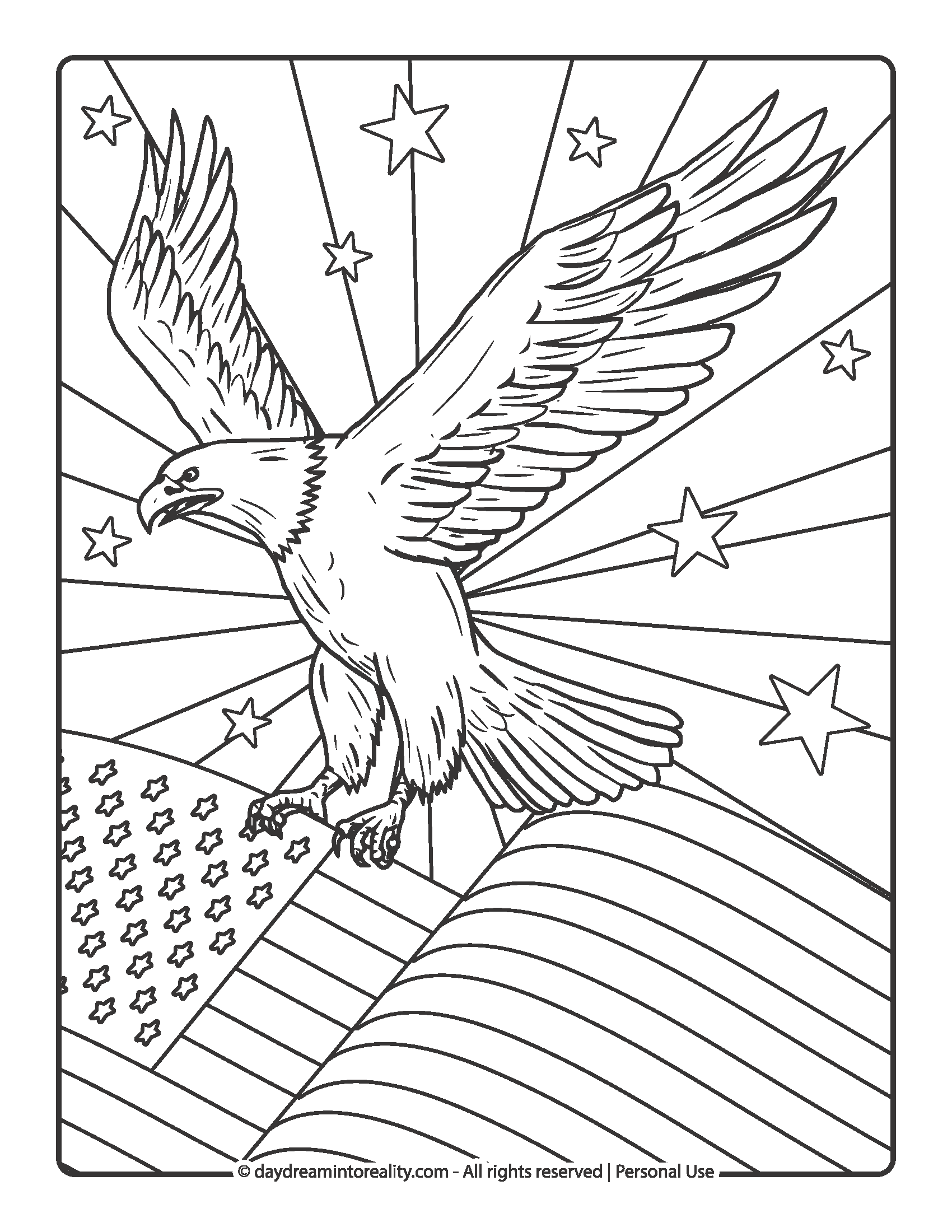 Bald eagle soaring and holding an American flag, Memorial Day coloring page