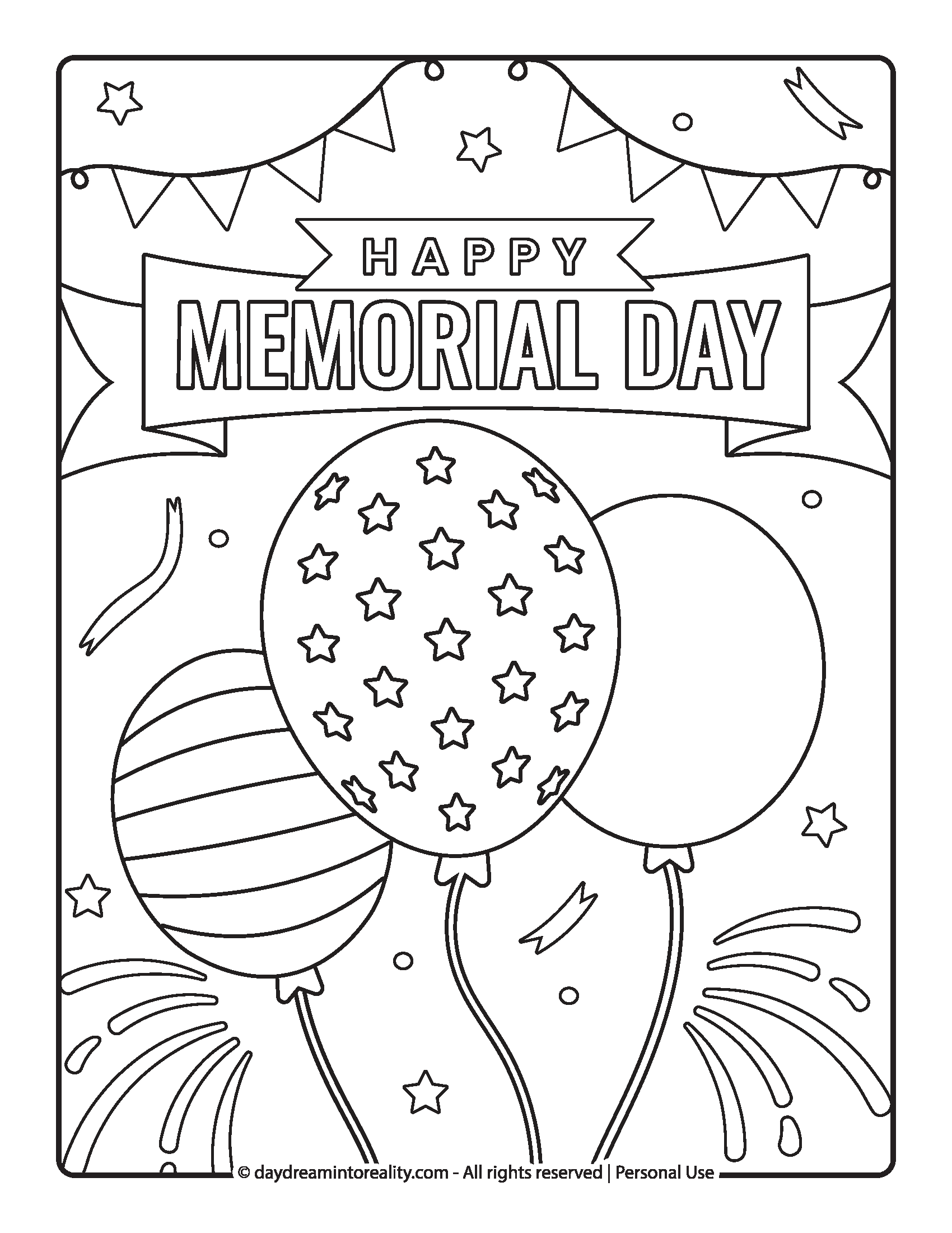 Balloons and confetti with “Happy Memorial Day” coloring page