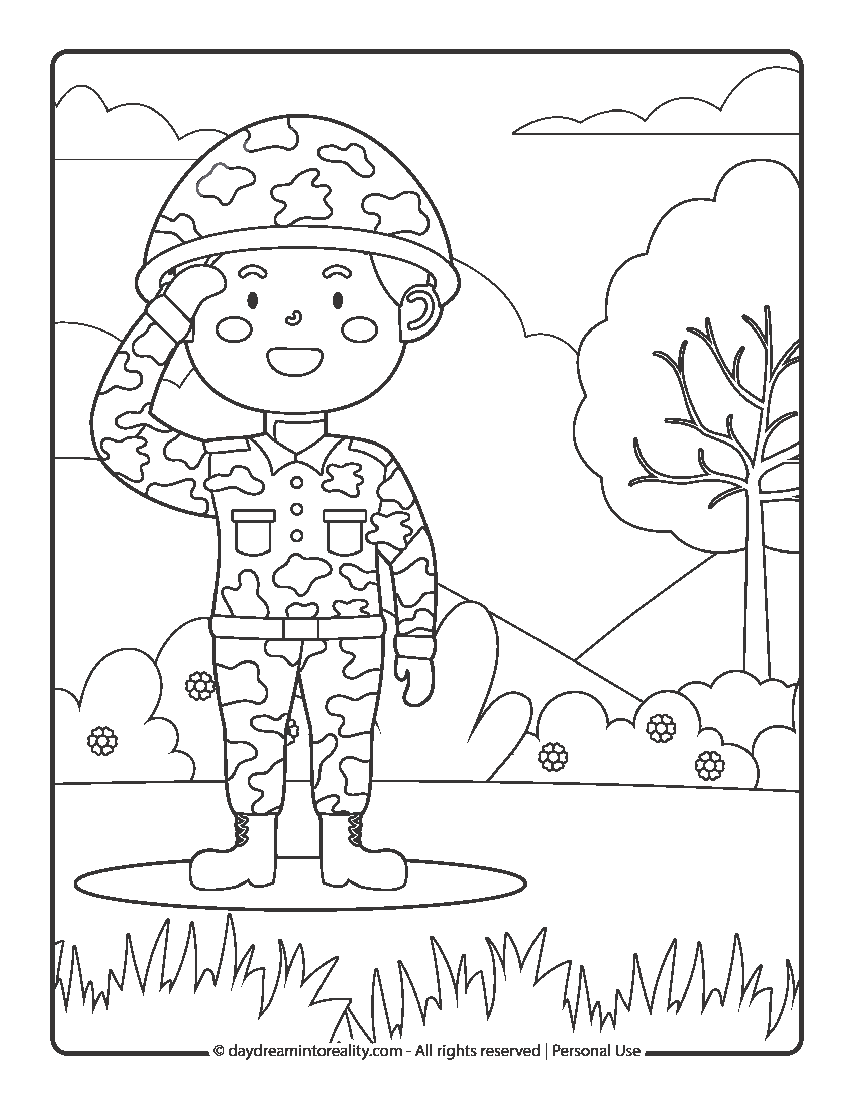 Young child in uniform standing in a field, memorial day coloring page