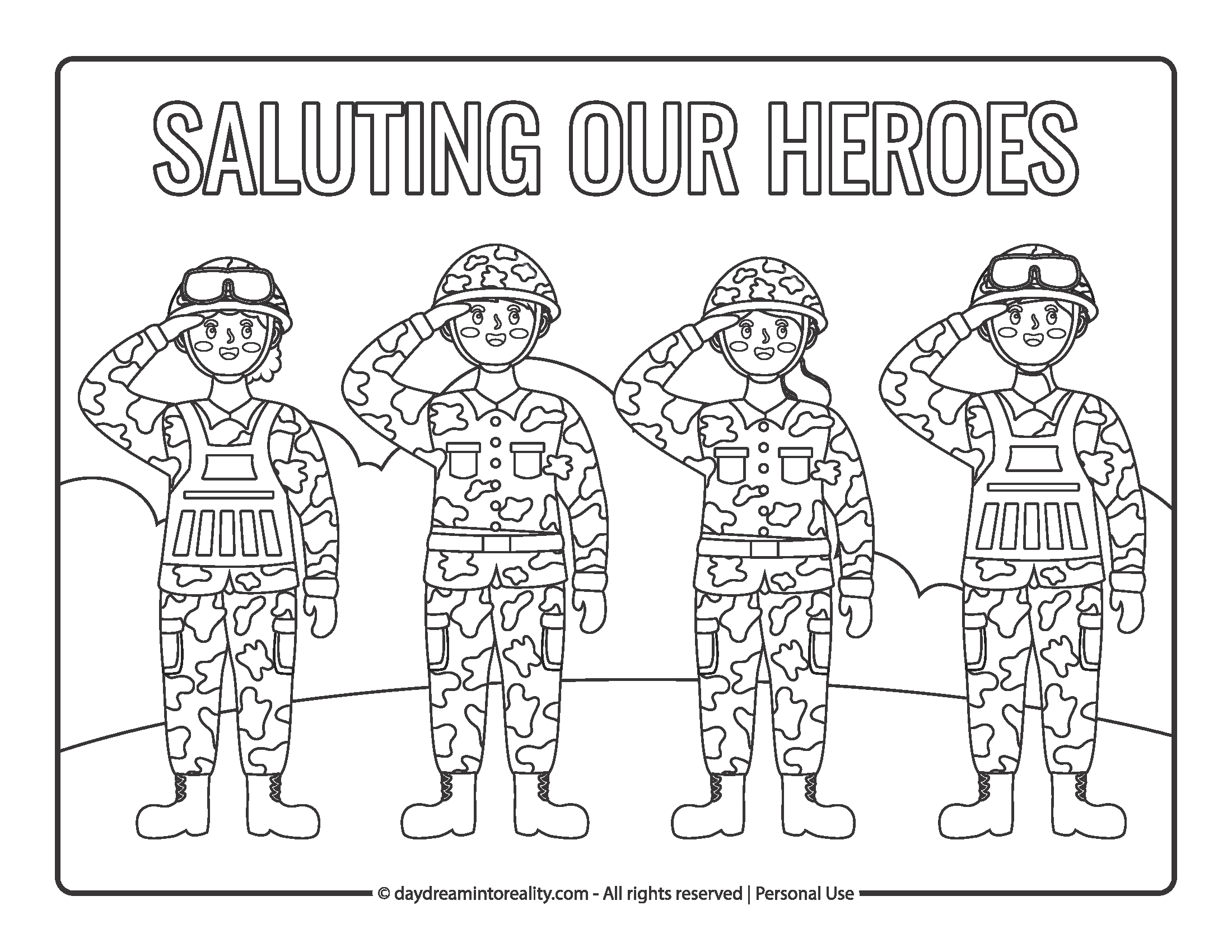 Four soldiers saluting with “Saluting Our Heroes” Memorial Day coloring page