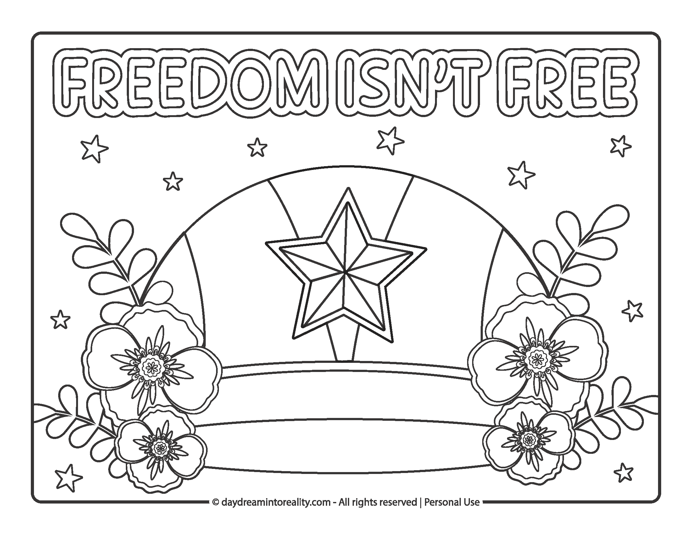 Star and flowers with “Freedom Isn’t Free” Memorial Day coloring page