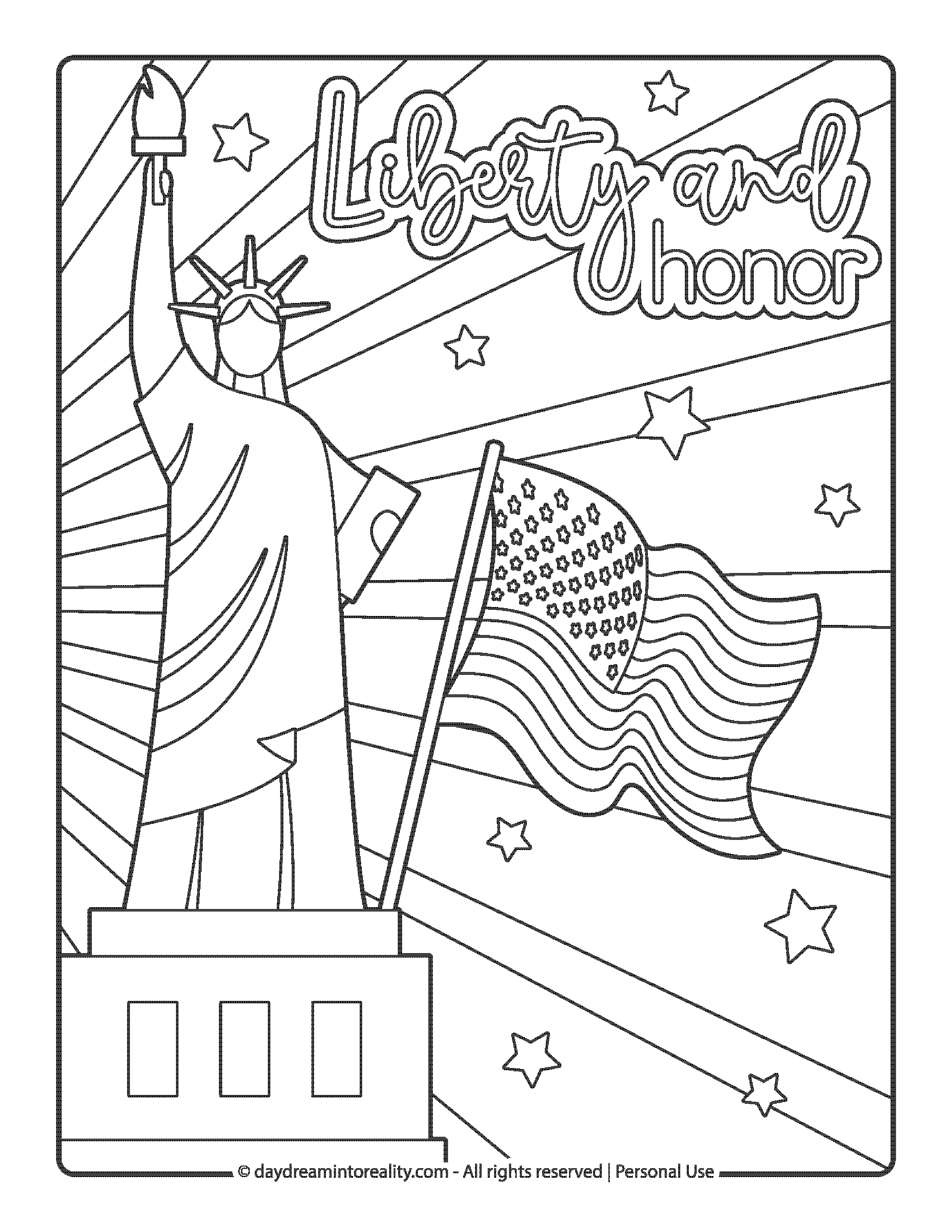 Statue of Liberty and American Flag “Liberty and Honor” coloring page
