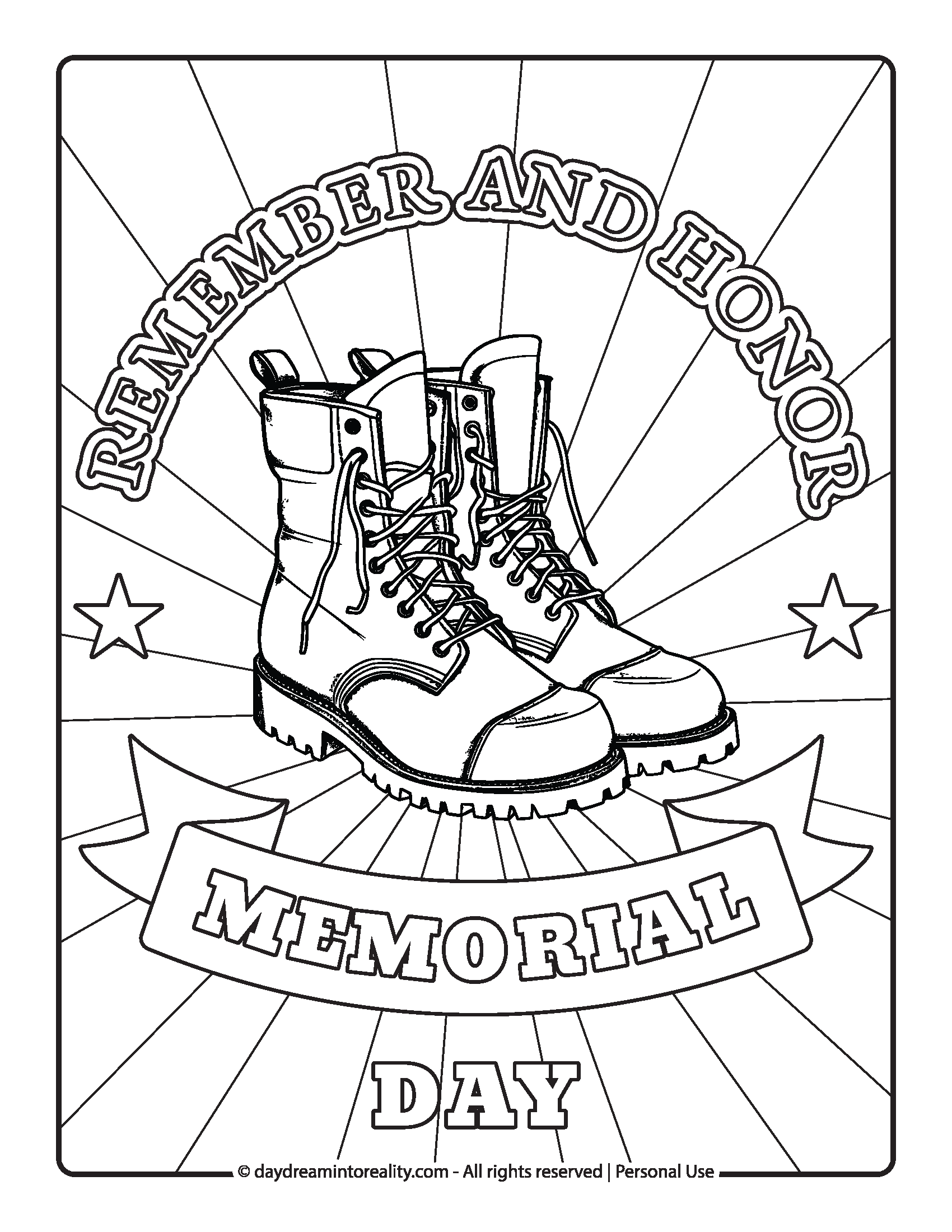 Boots with stars and “Remember and Honor Memorial Day” coloring page