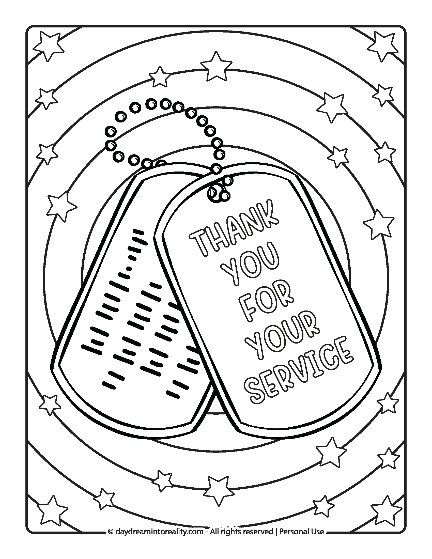 Dog tags with stars and “Thank You for Your Service” coloring page