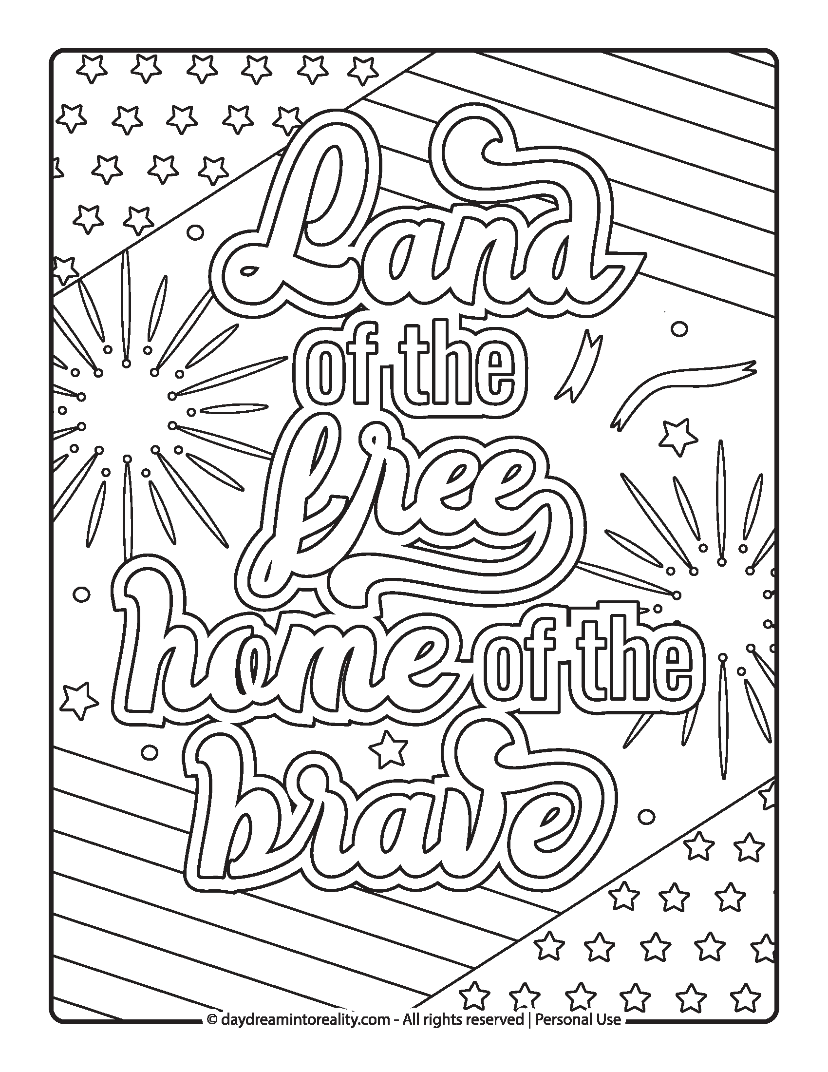 Fireworks with “Land of the Free Home of the Brave” Memorial Day coloring page