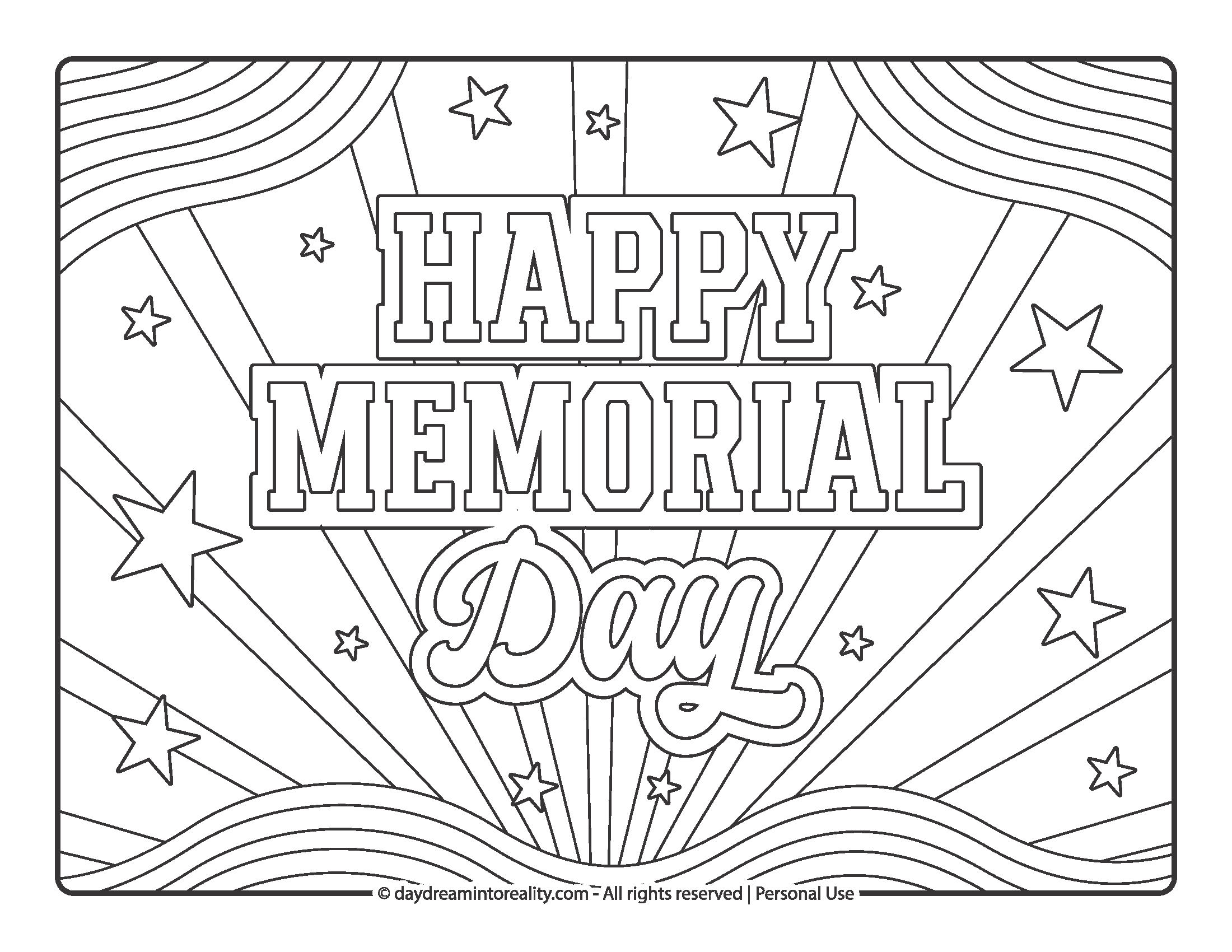 “Happy Memorial Day” with stars and rays, coloring page