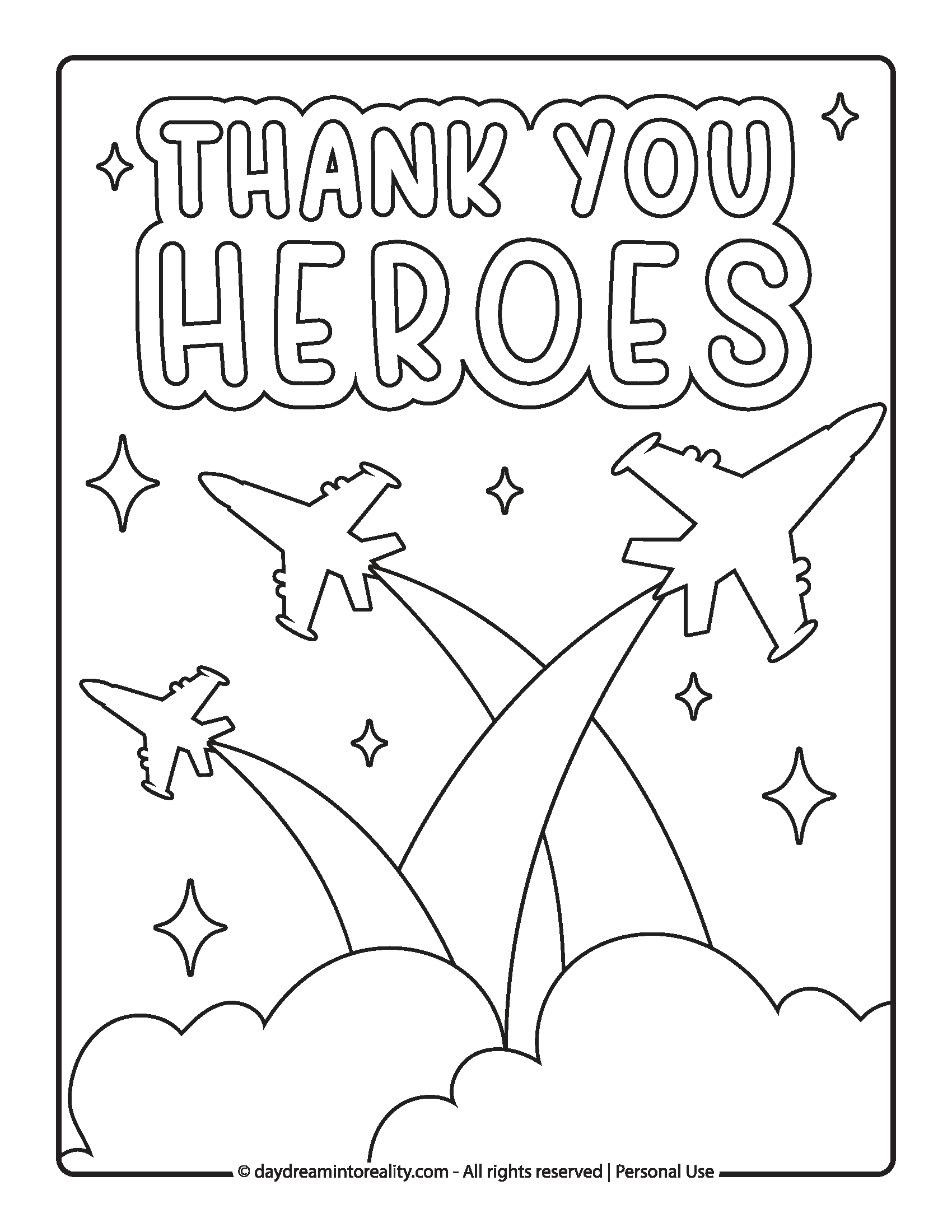 Three jets flying above clouds with “Thank You Heroes” Memorial day coloring page