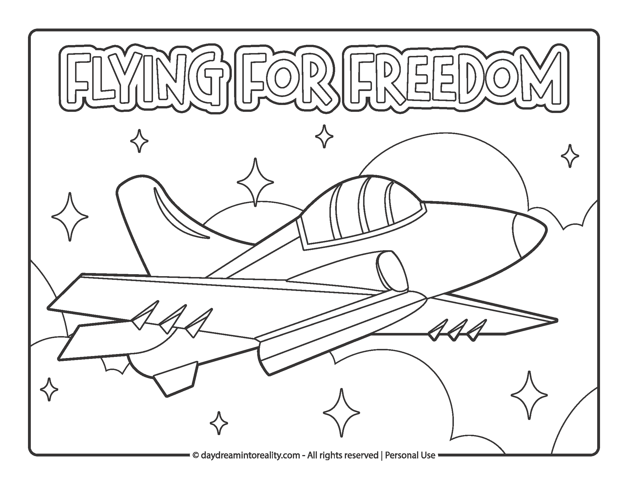 Jet airplane flying high with “Flying for Freedom” Memorial Day coloring page