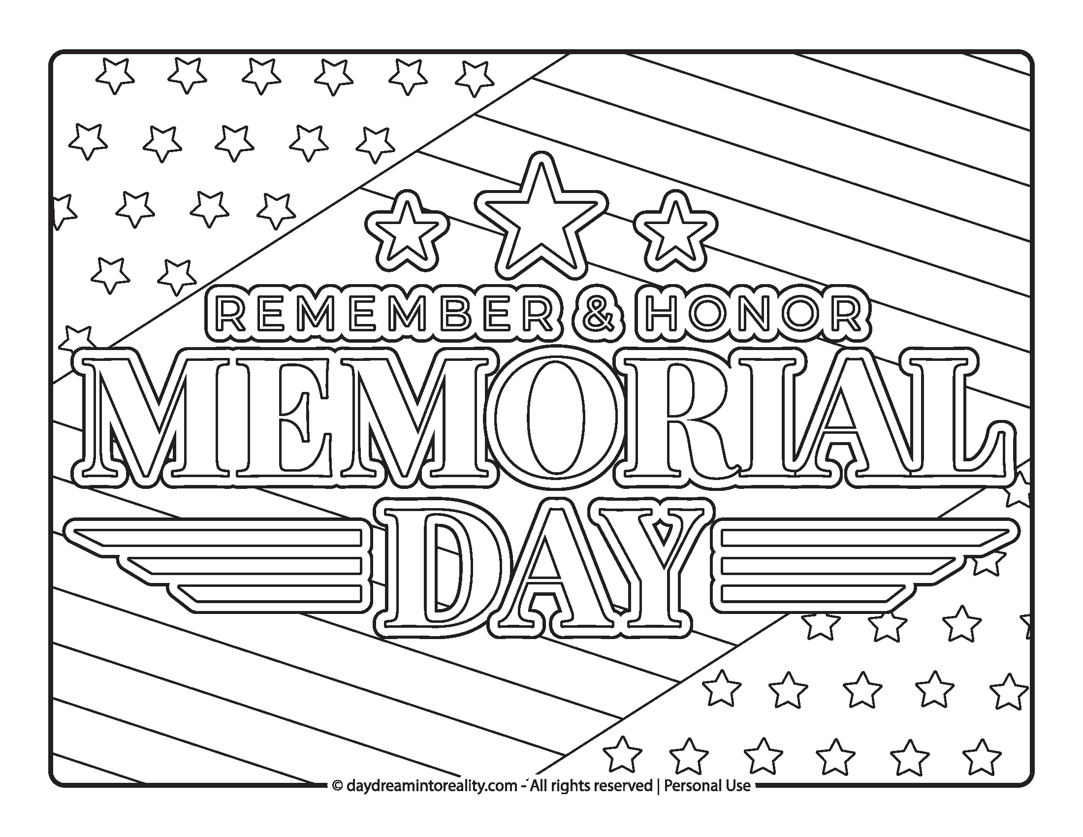 Star, stripes, and rays with “Remember & Honor Memorial Day” coloring page