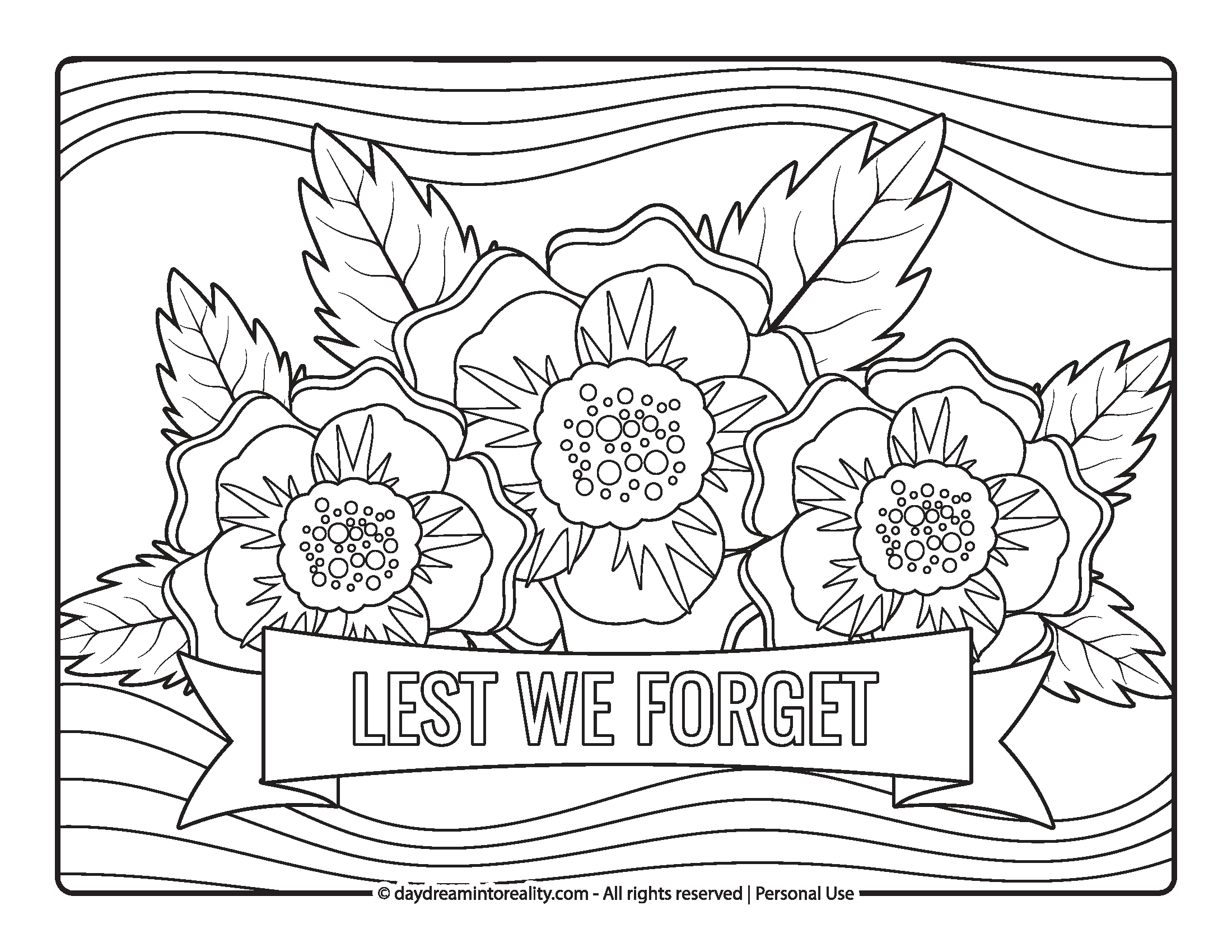 Poppies with leaves and “Lest We Forget” Memorial Day coloring page