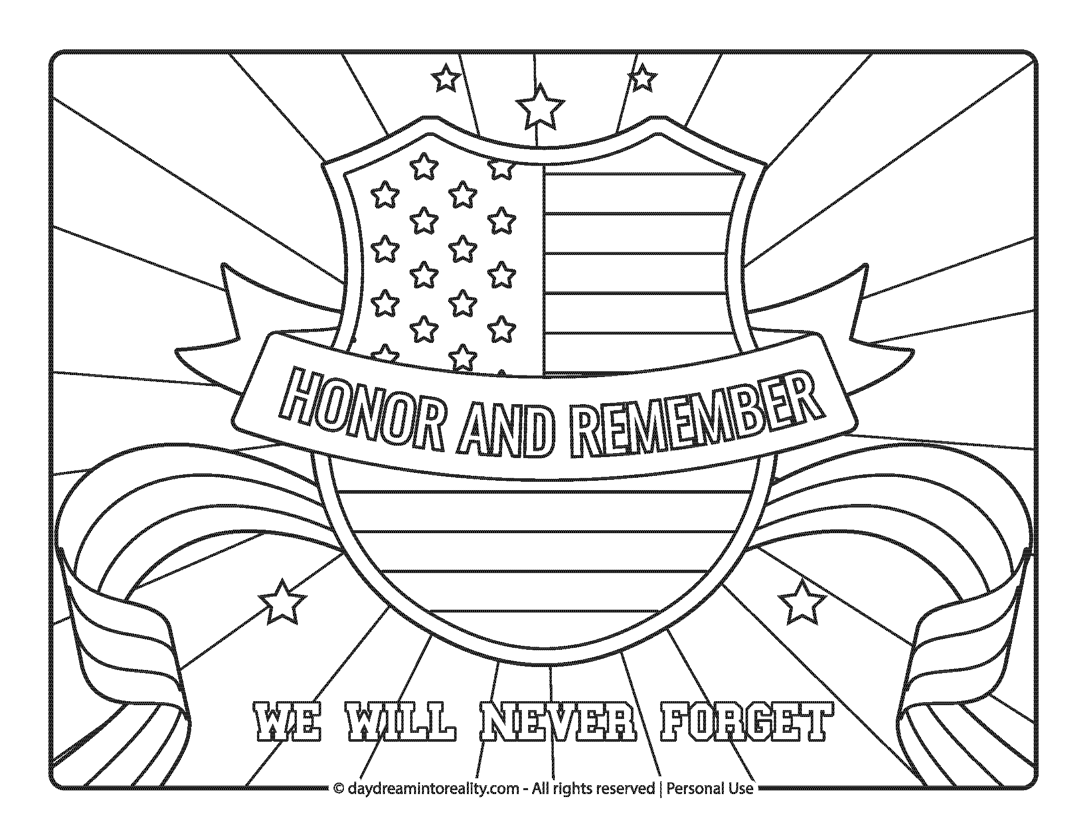 Shield with American flag and “Honor and Remember” coloring page