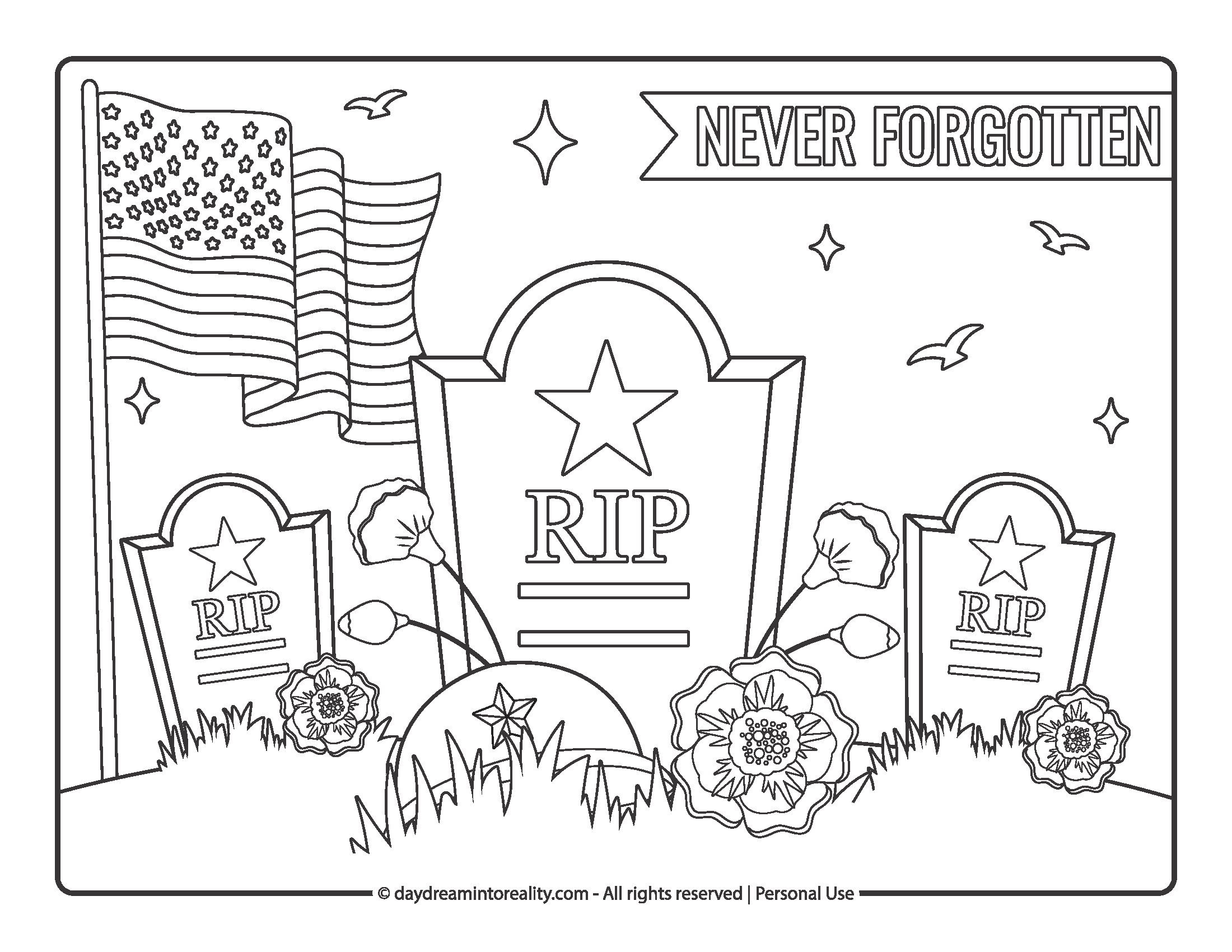 Gravestones with flags, “Never Forgotten” and “RIP” Memorial Day coloring page