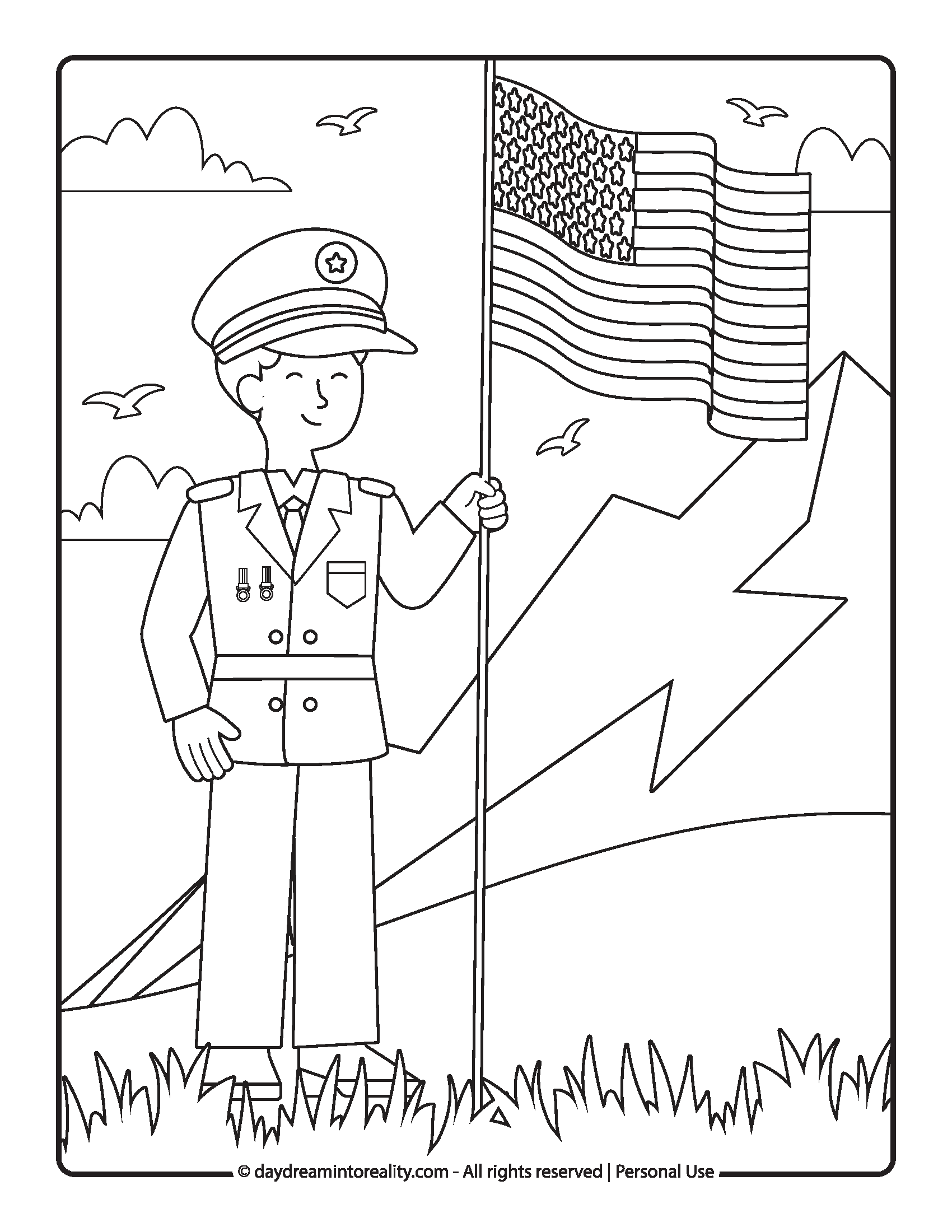 Soldier standing with the flag in a sunny field, Memorial Day coloring page