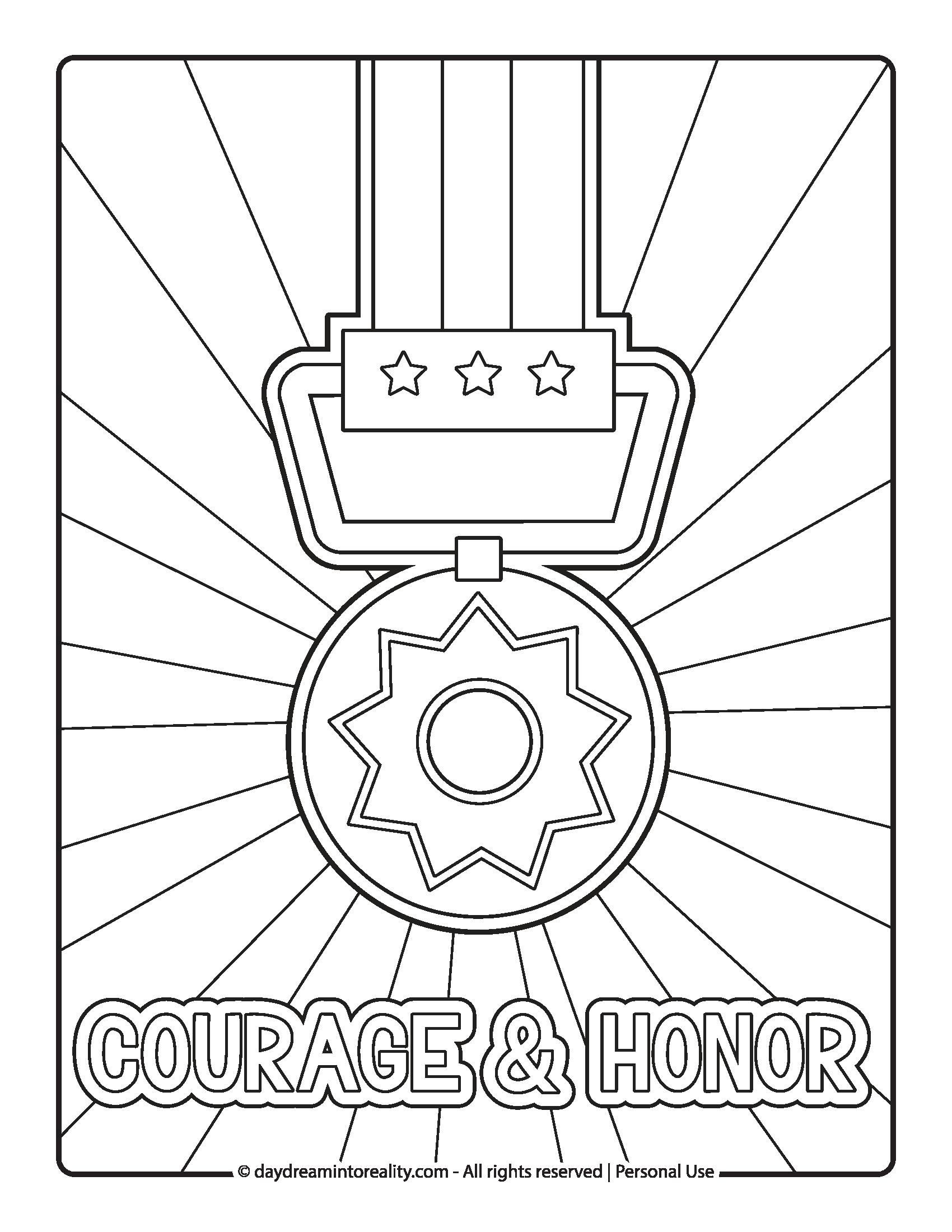 Medal with stars and “Courage & Honor” Memorial Day coloring page