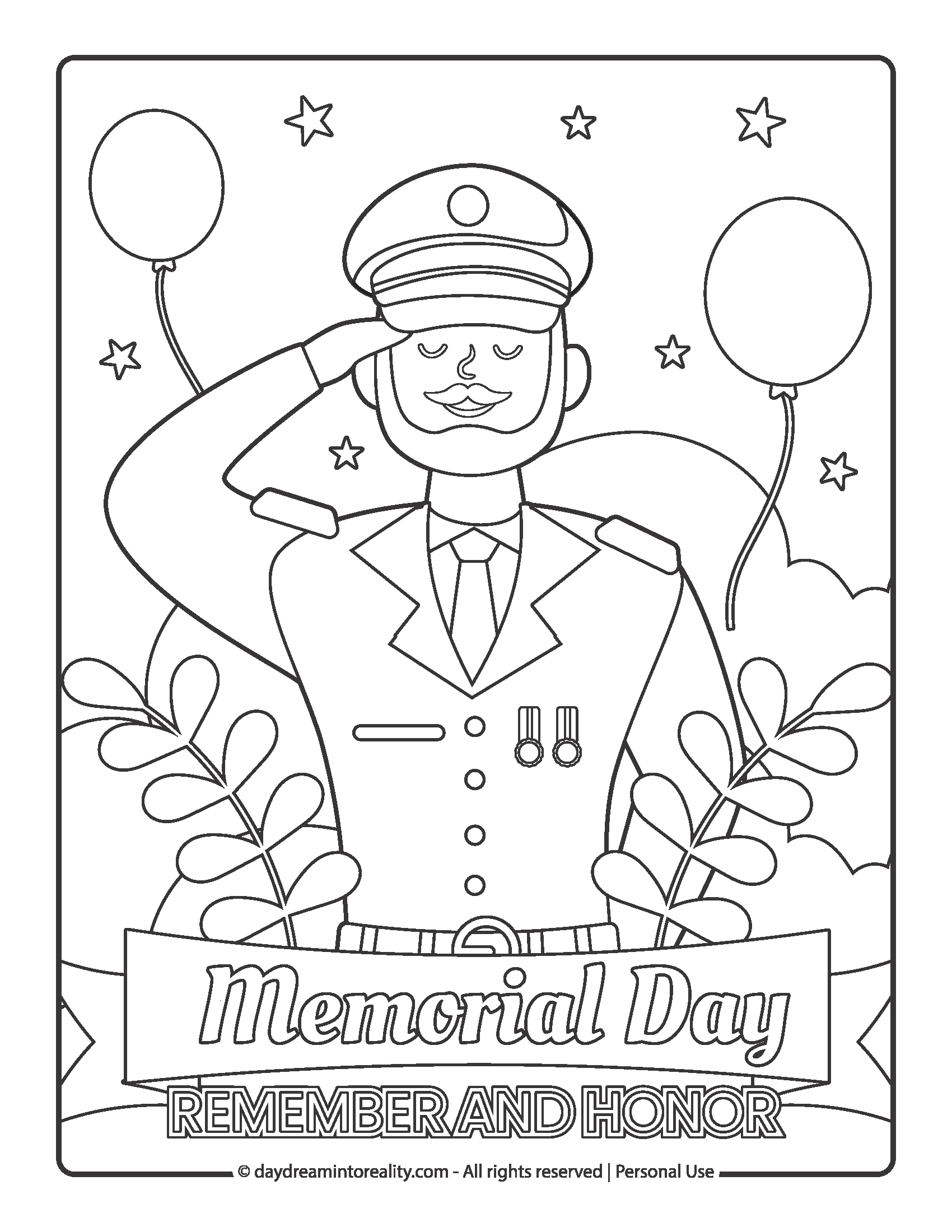 Smiling officer saluting, surrounded by balloons and plants, “Memorial Day Remember and Honor” coloring page