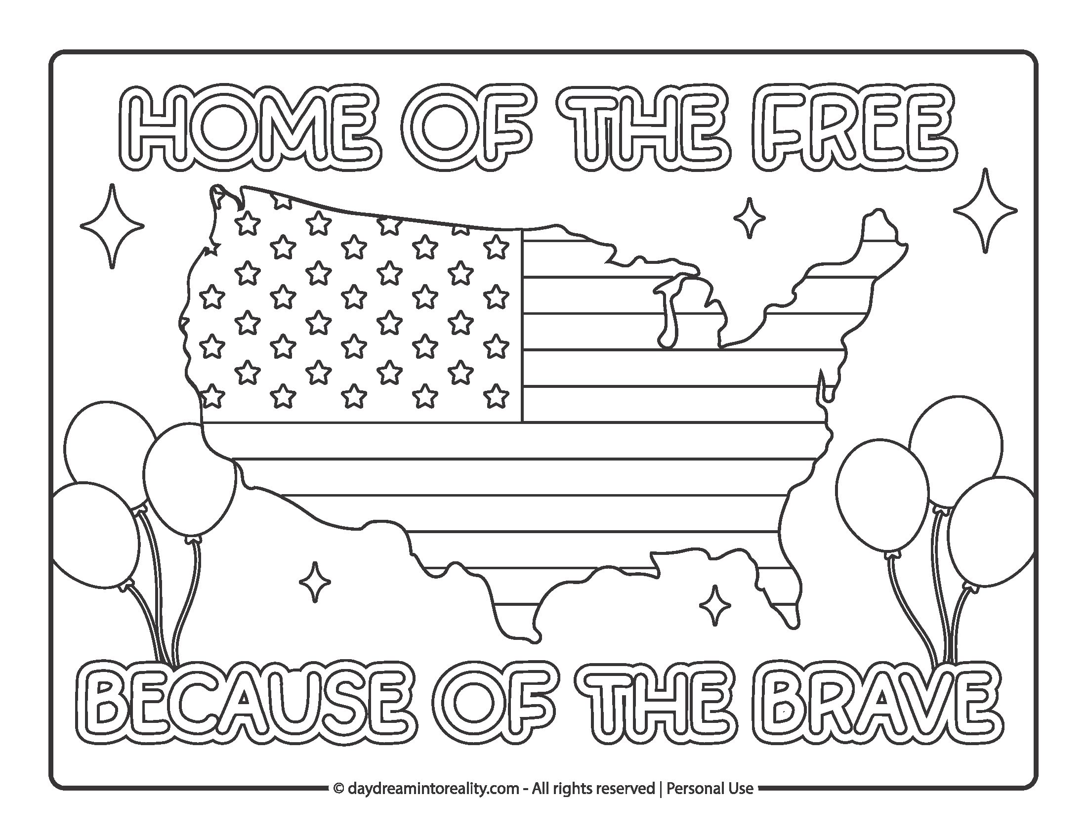 USA map with flag pattern and “Home of the Free Because of the Brave” Memorial day coloring page