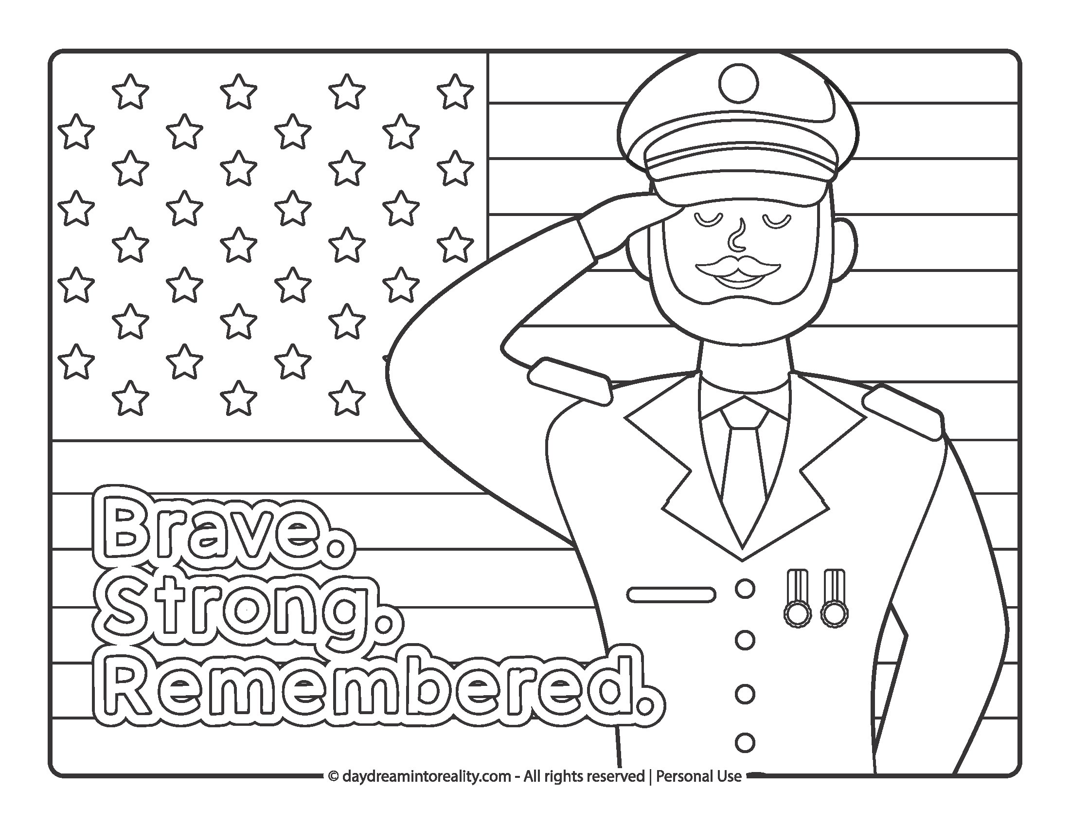Officer saluting with flag and “Brave, Strong, Remembered” Memorial day coloring page