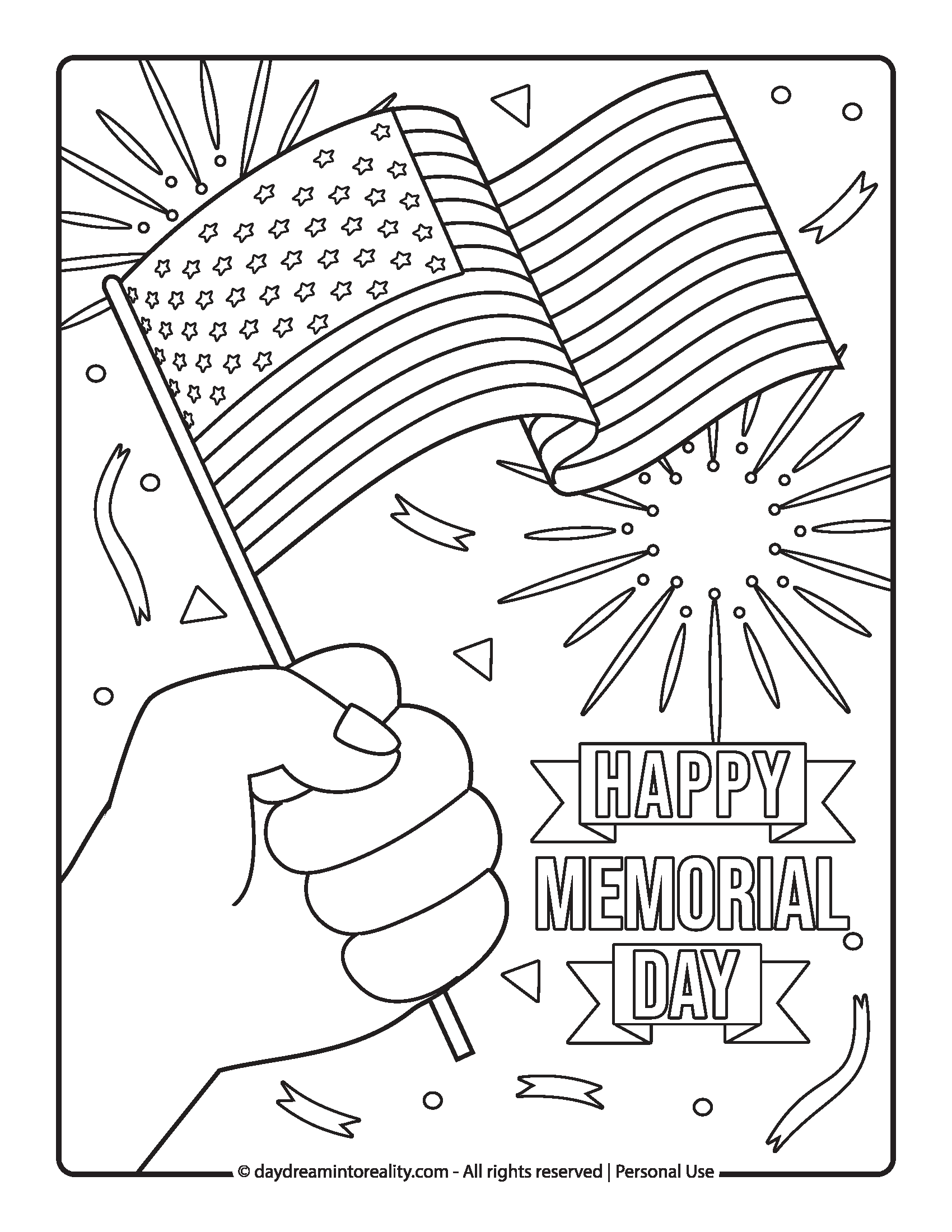 Hand holding American flag with fireworks, “Happy Memorial Day” coloring page