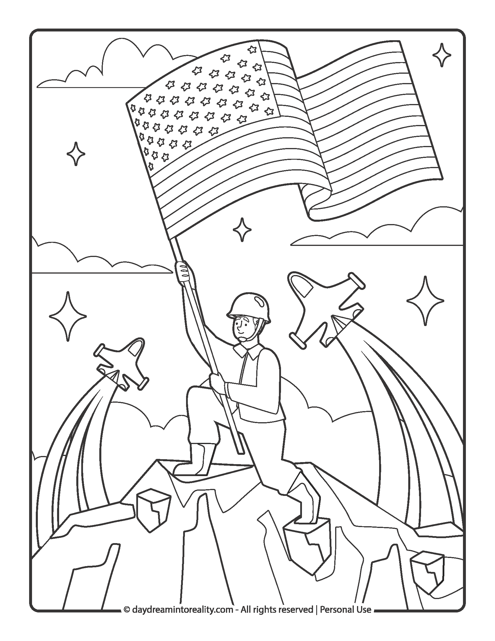 Soldier raising American flag on a hilltop, Memorial Day coloring page