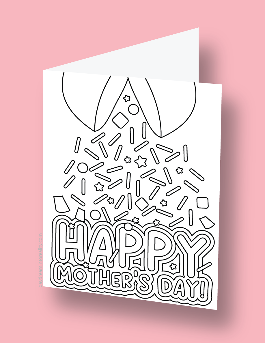 Mother's Day coloring card with sprinkles and a bow that says 'Happy Mother's Day'.