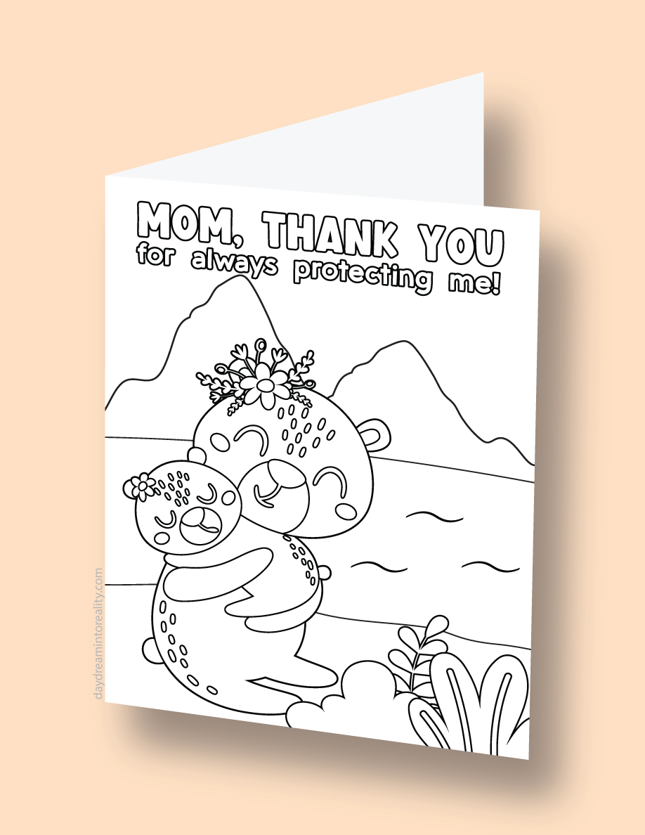 Mother's Day coloring card with a bear mom and baby and the phrase 'Mom, thank you for always protecting me!'.
