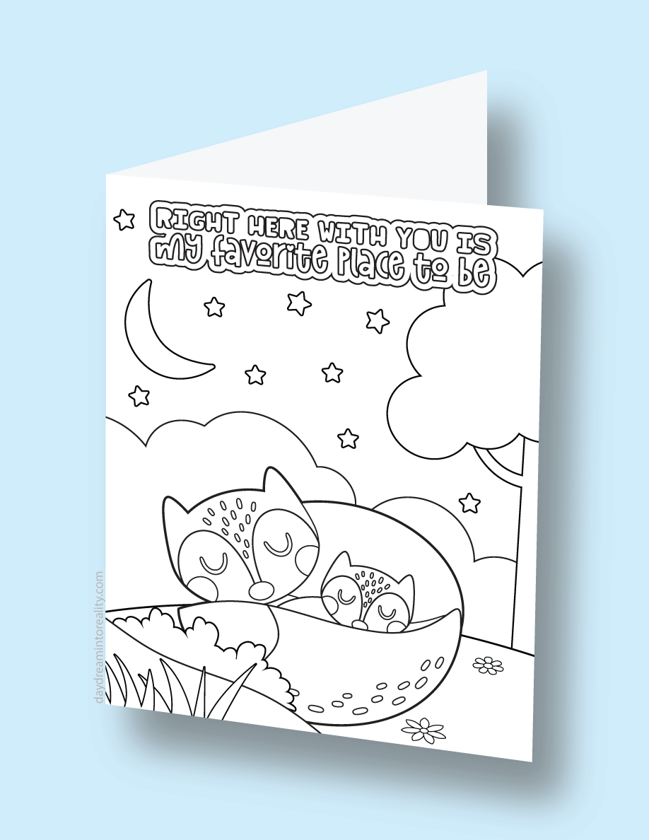 Mother's Day coloring card with a fox family under the night sky and a message about being together.