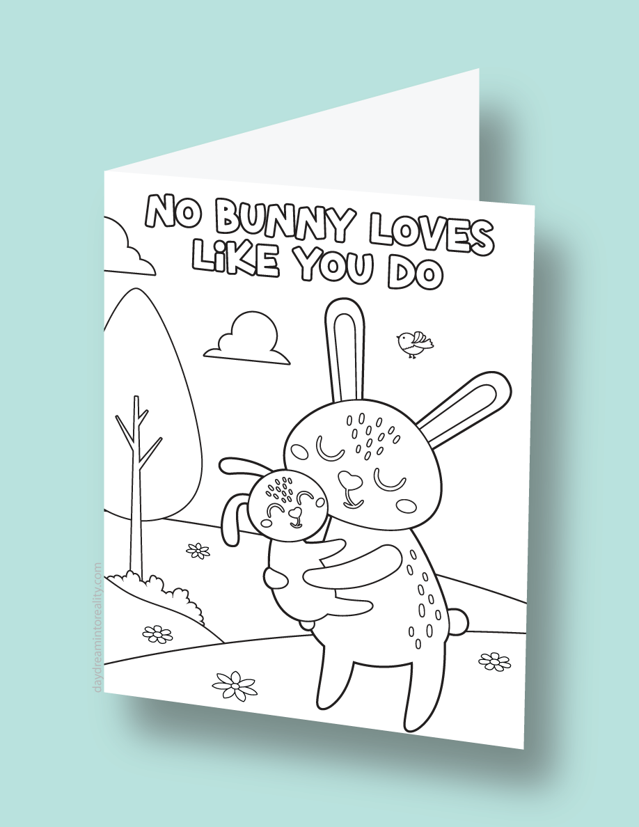 Mother's Day coloring card with a bunny hugging a child bunny with trees and hearts.