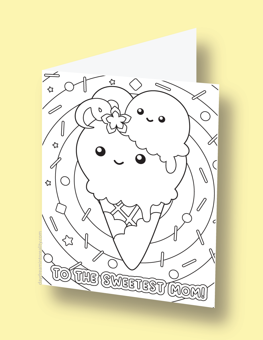 Mother's Day coloring card with two scoops of ice cream and the phrase 'To the sweetest mom!'.