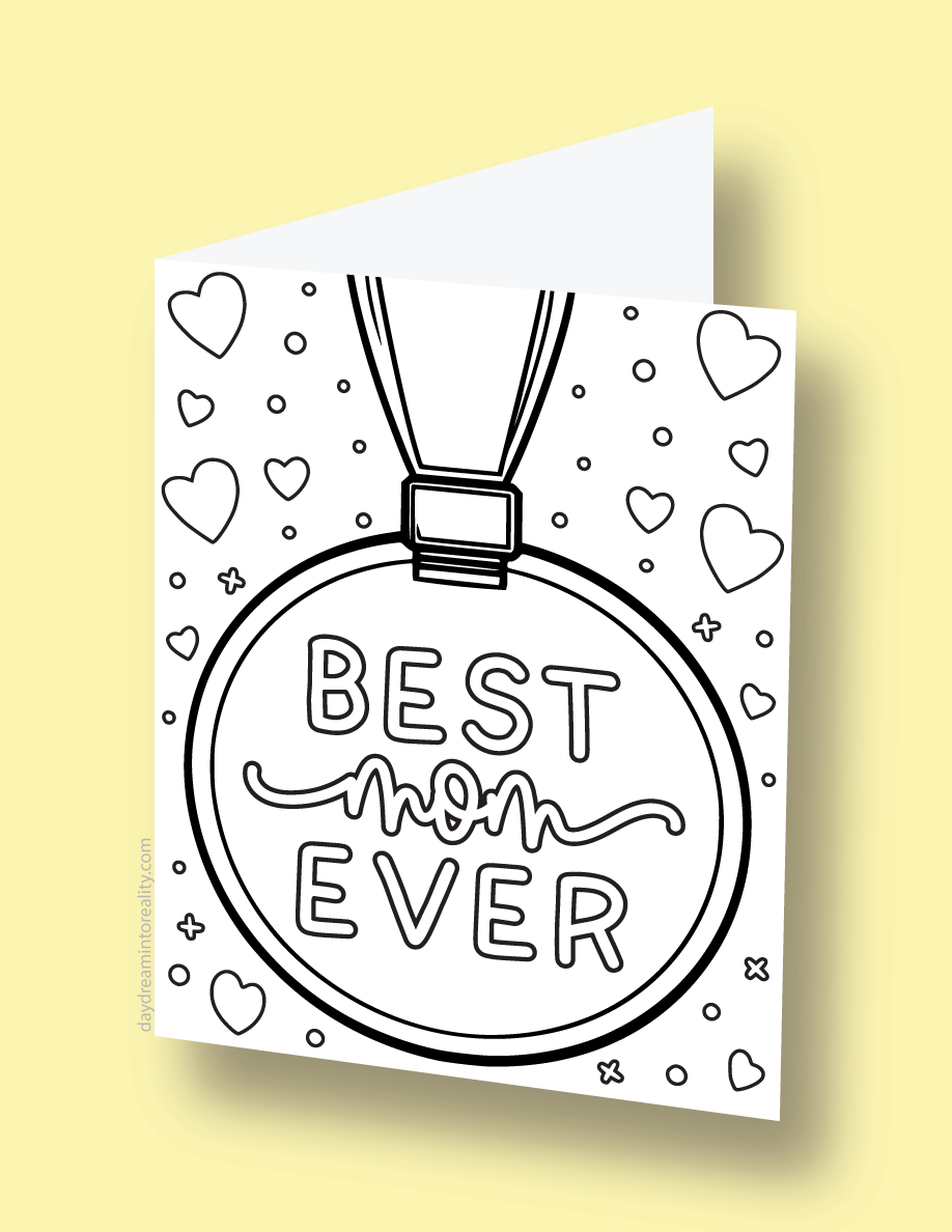 Mother's Day coloring card with a medal that says 'Best Mom Ever'.