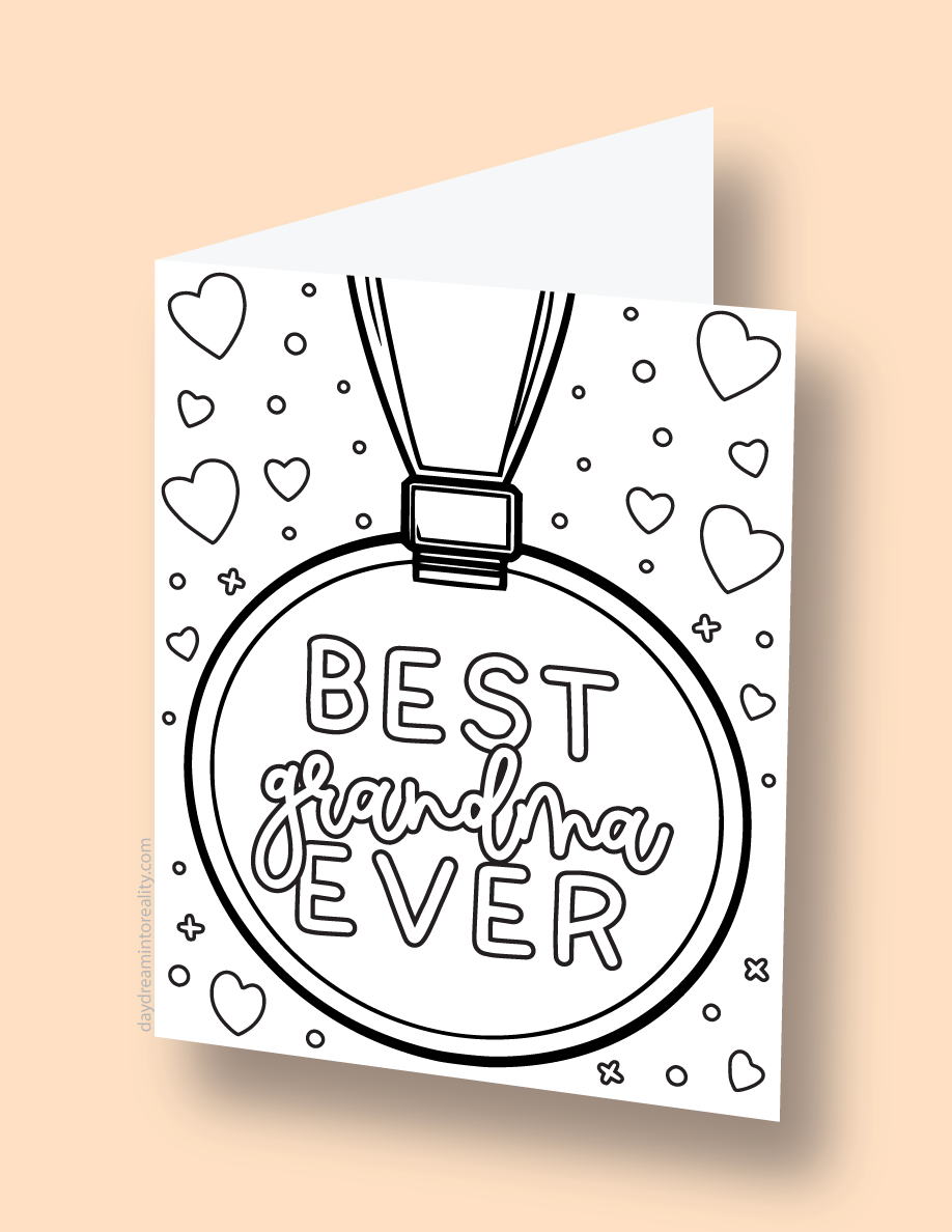 Mother's Day coloring card with a medal that says 'Best Grandma Ever'.