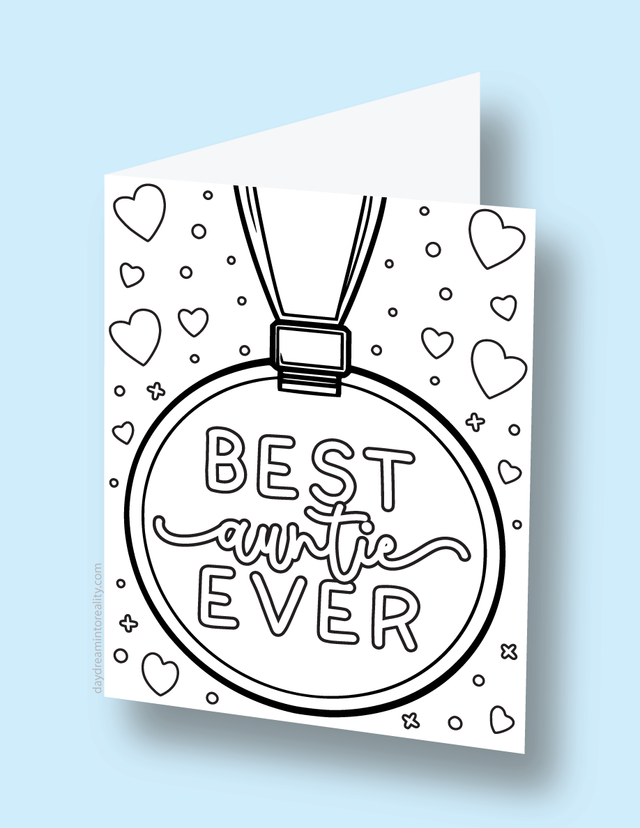 Mother's Day coloring card with a medal that says 'Best Auntie Ever'.