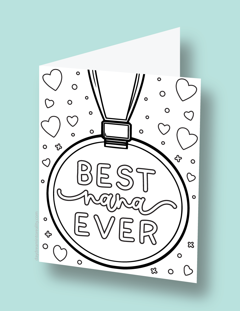 Mother's Day coloring card with a medal that says 'Best Nana Ever'.