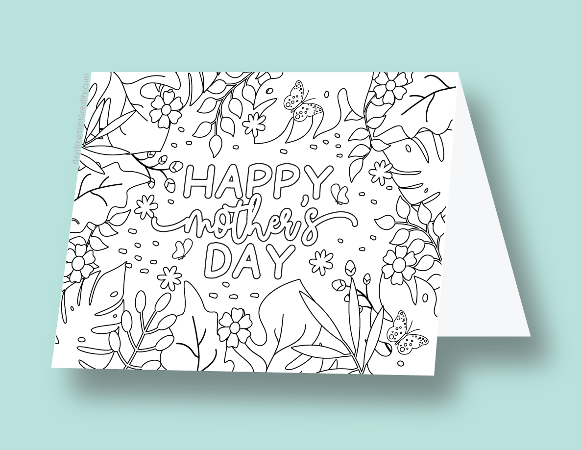 Mother's Day coloring card with floral garden design and 'Happy Mother's Day' lettering.