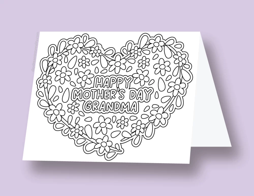 Mother's Day coloring card with a heart floral design and the phrase 'Happy Mother’s Day Grandma!'.