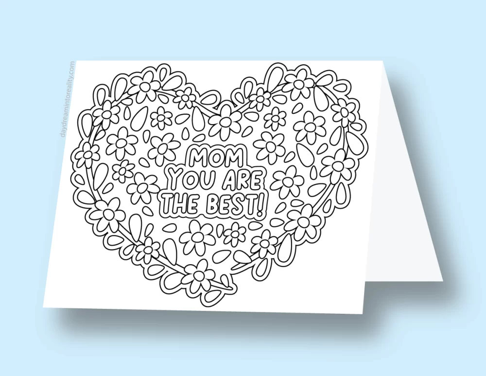 Mother's Day coloring card with a heart floral design and the message 'Mom, you are the best!'.