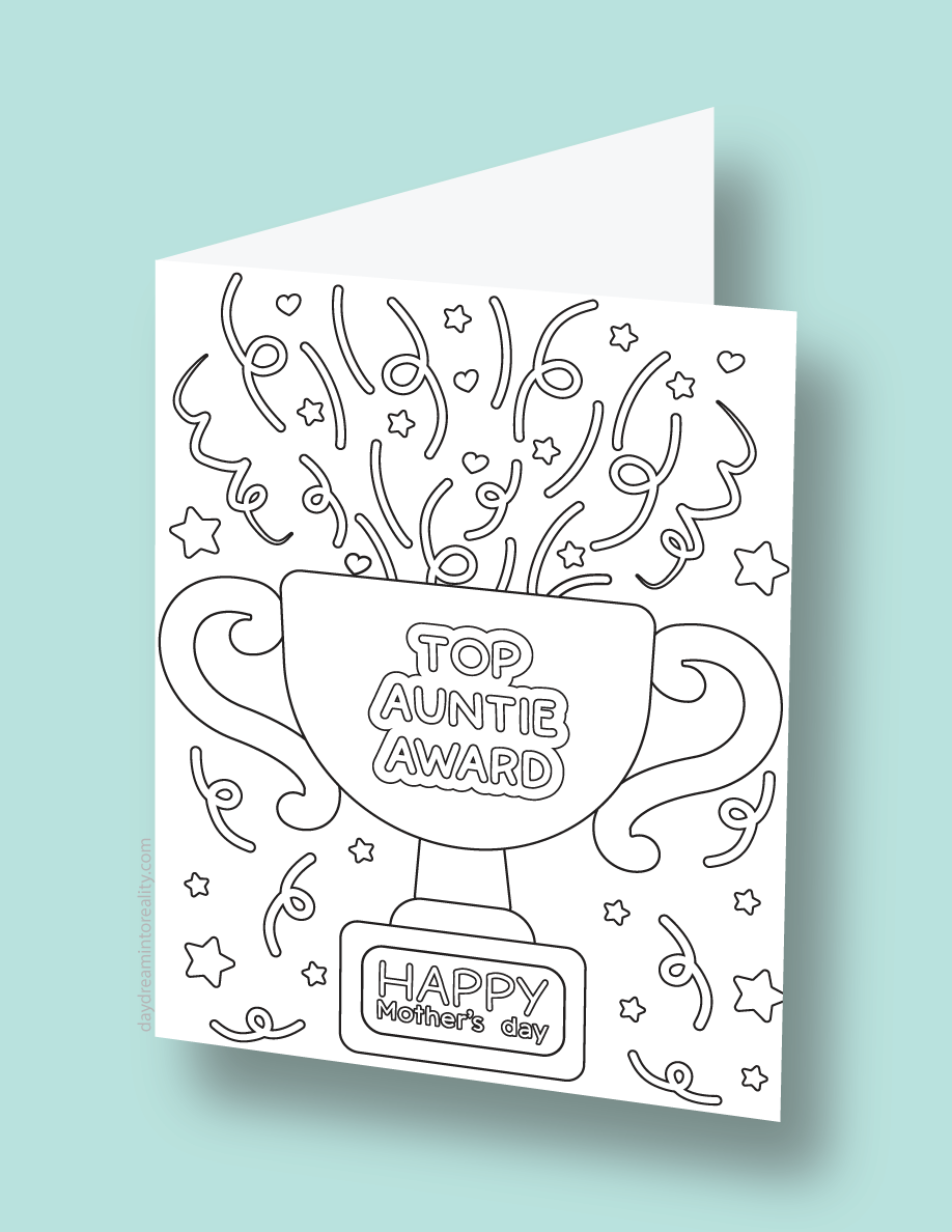 Mother's Day coloring card with a trophy and the message 'Top Auntie Award - Happy Mother's Day'.