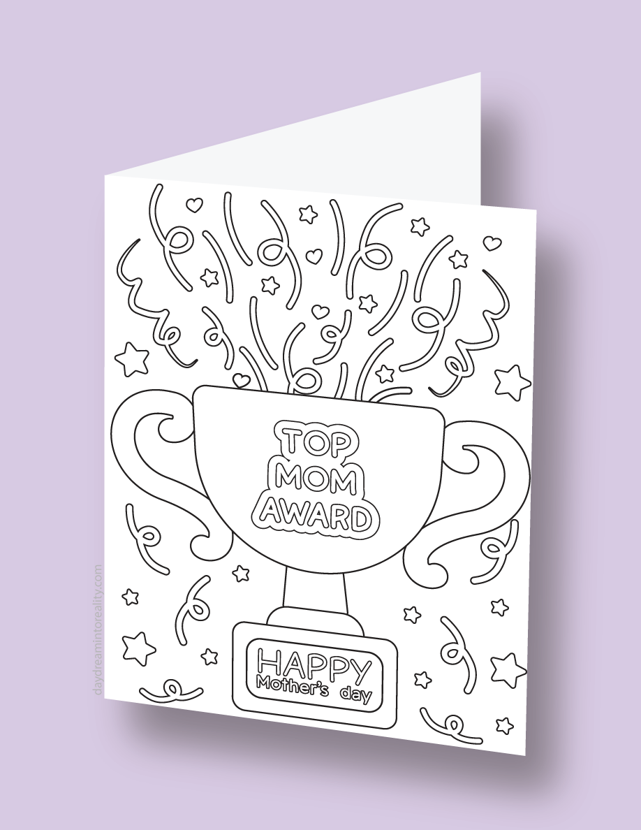 Mother's Day coloring card with a trophy and the message 'Top Mom Award - Happy Mother's Day'.
