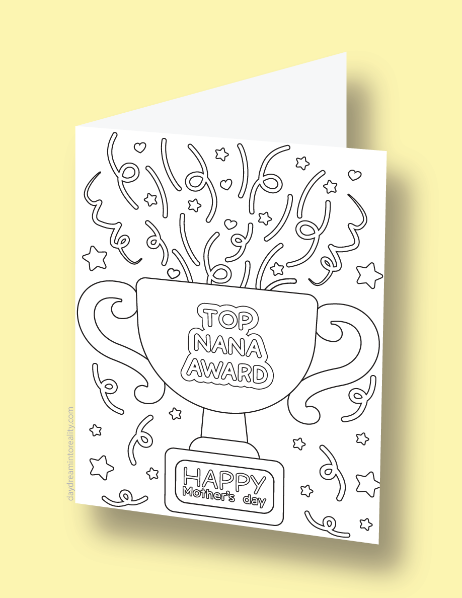 Mother's Day coloring card with an alternate version of the 'Top Nana Award' trophy.