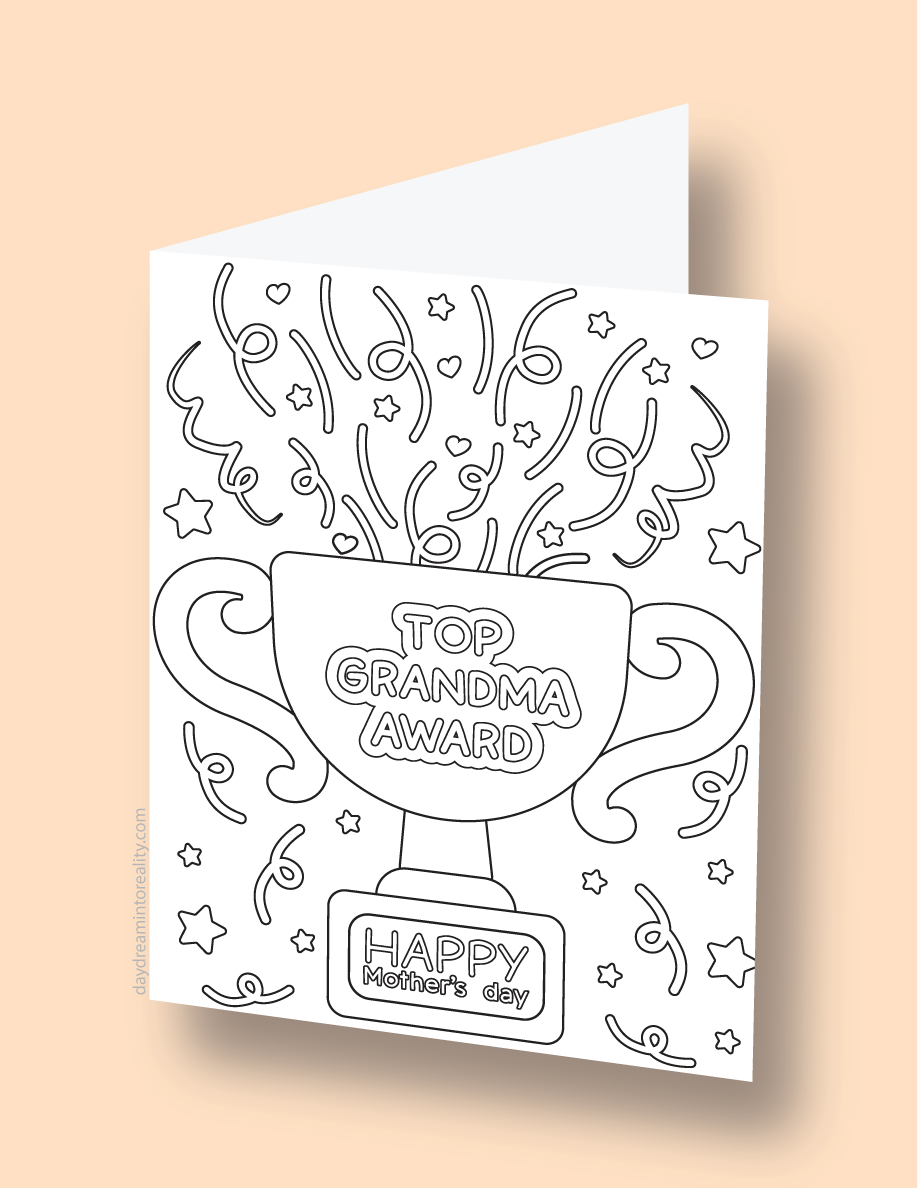 Mother's Day coloring card with a trophy and the message 'Top Grandma Award - Happy Mother's Day'.